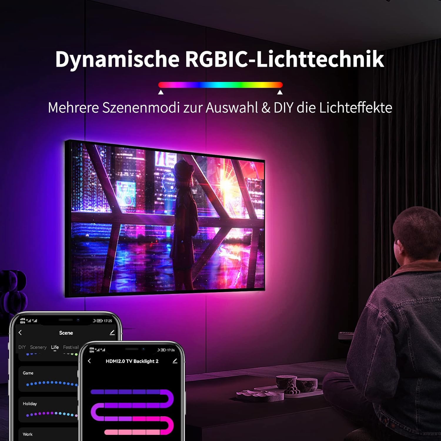 Person viewing dynamic RGBIC lighting effects on a TV screen with app interface