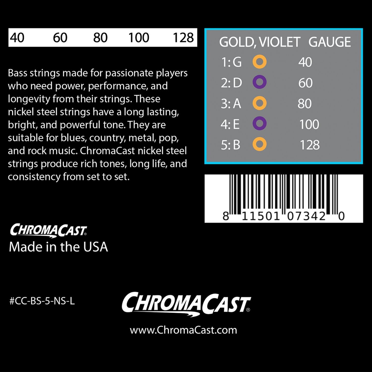 ChromaCast BS-5-NS-L-2PK Nickel Plated Bass Guitar Strings, Light 5-String, 2 Pack
