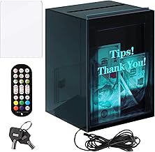 WNJ Tip Jar With Led Light & Lock, Donation Box With 2 Sign Holders - ''Tips! Thank You!'', Suggestion Box With Diy Blank Sign Holder For Taking Cards,Polls,And Ballots For Bar,Party,Fundraiser Items