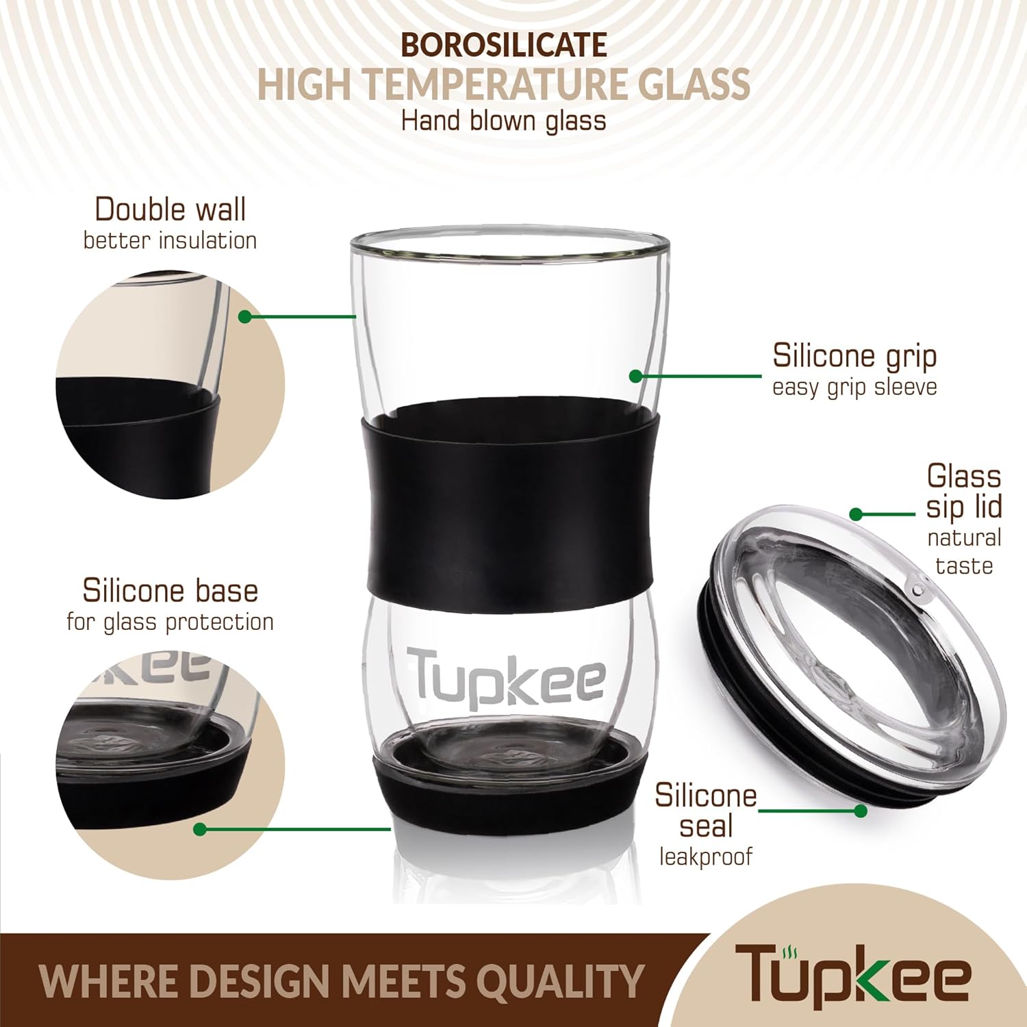 Tupkee 20 oz Double Wall Glass Tumbler With Lid – All Glass Hand Blown Reusable Insulated Travel Mug - For Coffee, Tea, Boba, Iced Coffee, and Smoothie Cup To Go – Black - Image 3