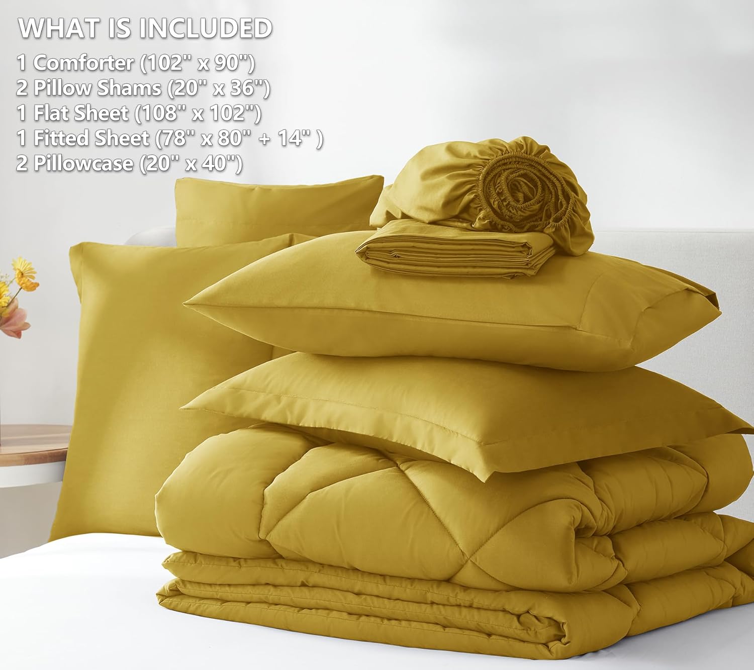 CozyLux King Size Comforter Set Mustard Yellow - 7 Pieces Bed in a Bag King, Luxury Soft Bed Set for All Seasons, Bedding Set with Down Alternative Comforter, Sheets, Pillowcases & Shams - Image 6