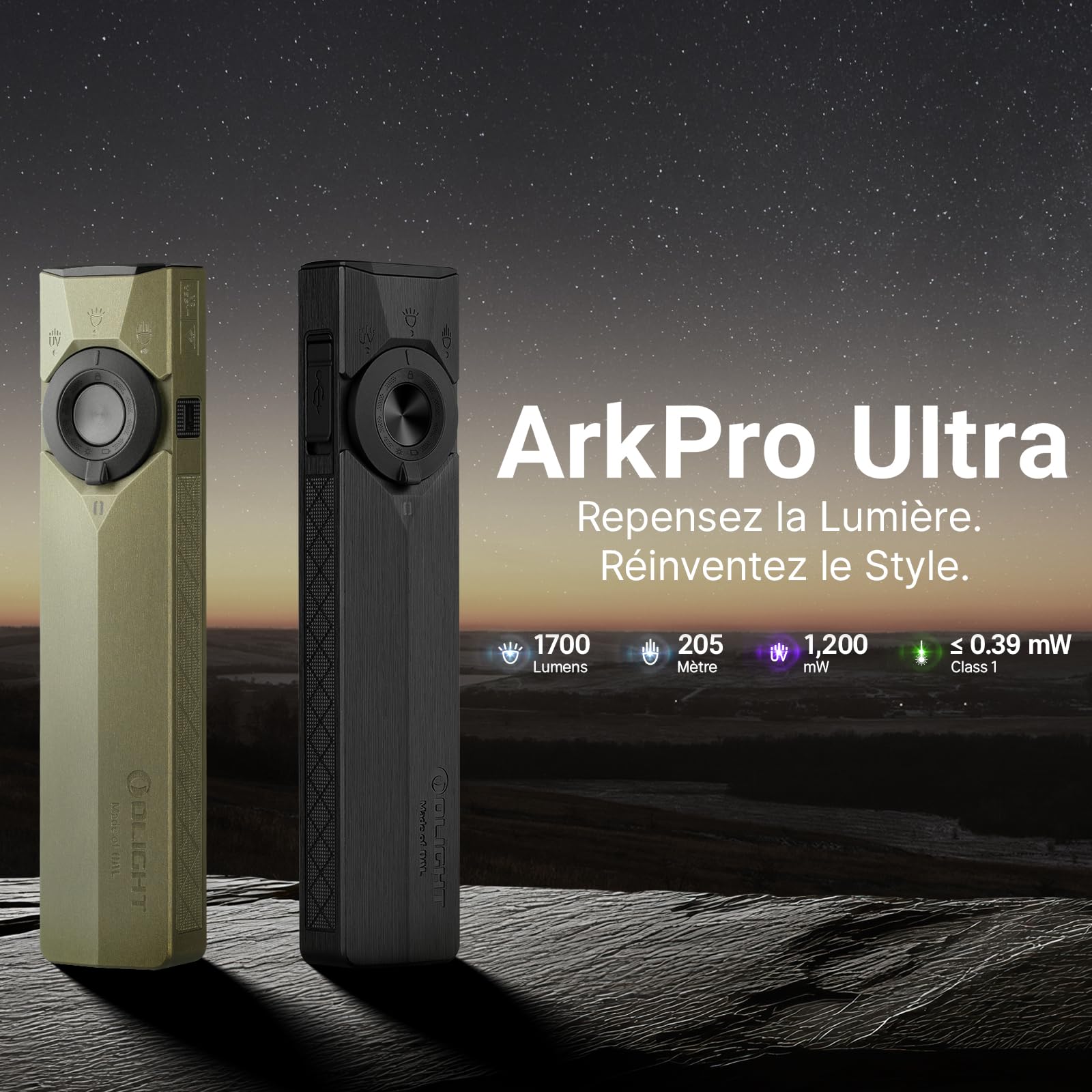 OLIGHT ArkPro Ultra EDC Torche Plate avec Lumière Verte, UV et Blanche, 1700 LM, Portable, Lampe Rechargeable avec Faisceaux Spot et Flood Adaptée au Travail et à L'Éclairage Quotidien
