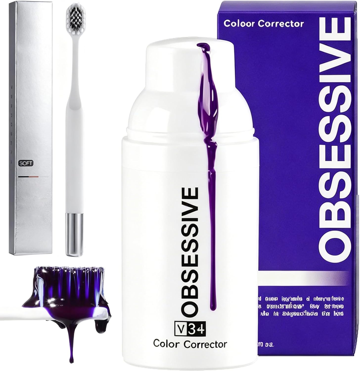 Obsessive Purple Whitening Toothpaste, Purple V34 - Blanqueador Dental Obsessive, Colour Corrector V34 for Teeth, Stain Concealer and Removes Bad Breath (1PC)