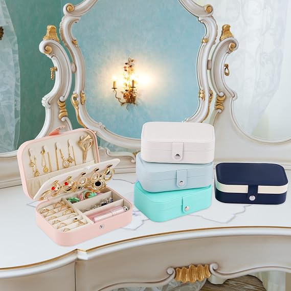 Travel Jewelry Box, PU Leather Small Jewelry Organizer for Women Girls, Double Layer Portable Mini Travel Case Display Storage Holder Boxes for Stud Earrings, Rings,Necklaces,Bracelets (white&pink).
