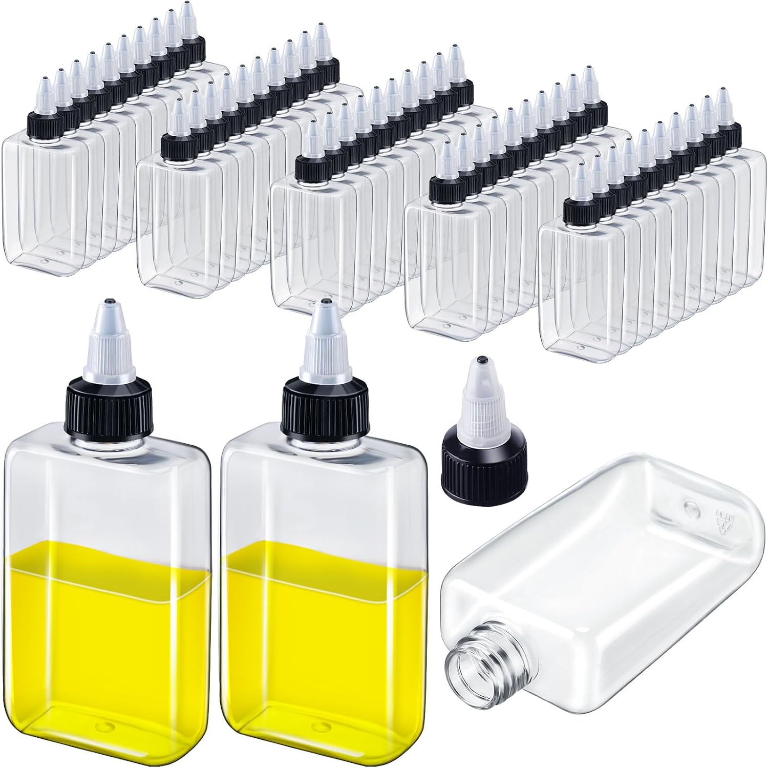 Yaomiao 3.4 oz Small Squeeze Bottles with Twist Top Caps for Liquids, 100ml Condiment Squeeze Containers Plastic Clear Dispensing Bottles for Travel, Camping, Kitchen, Vinegar, Oils, Sauce(50 Pcs)