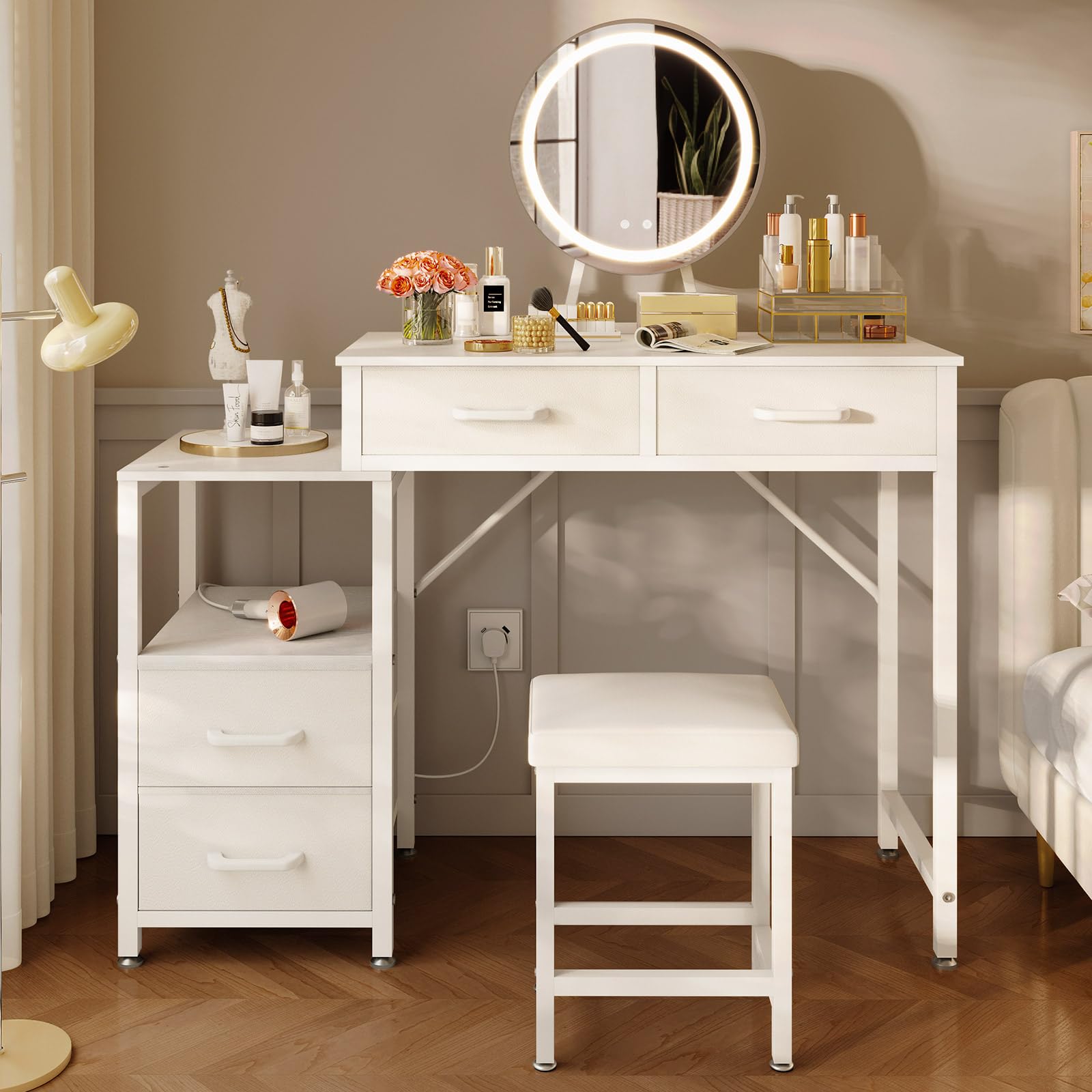 ODK Vanity Desk with Adjustable LED Mirror, Dressing Table with 4 Drawers & Interchangeable Side Cabinet