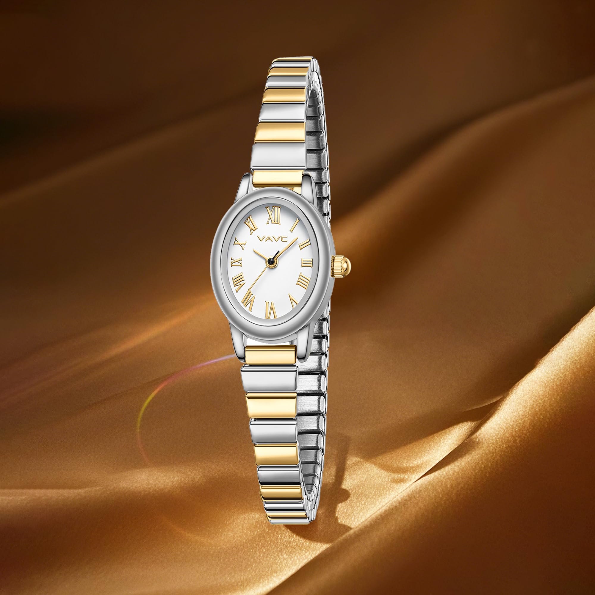 Orologio analogico da donna, con cinturino di espansione in acciaio inossidabile, quadrante romano ovale, resistente all'acqua (15 - 17 cm)