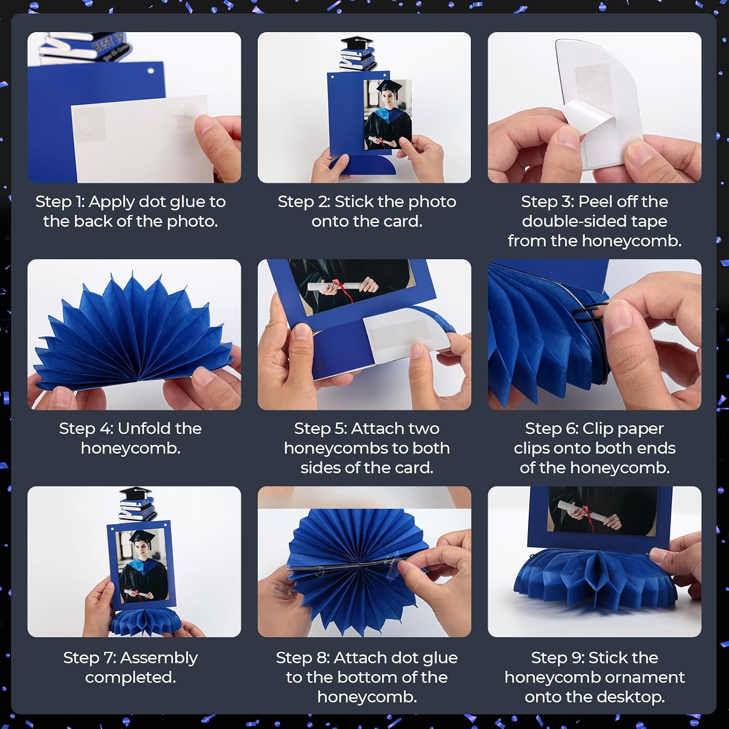 PAPER FAIR 10Pcs Graduation Decorations Honeycomb Centerpieces, Blue Black Class of 2026 Photo Table Centerpieces Party Supplies, Double Sided Grad Photo Toppers, Fit for 4x6In Photo