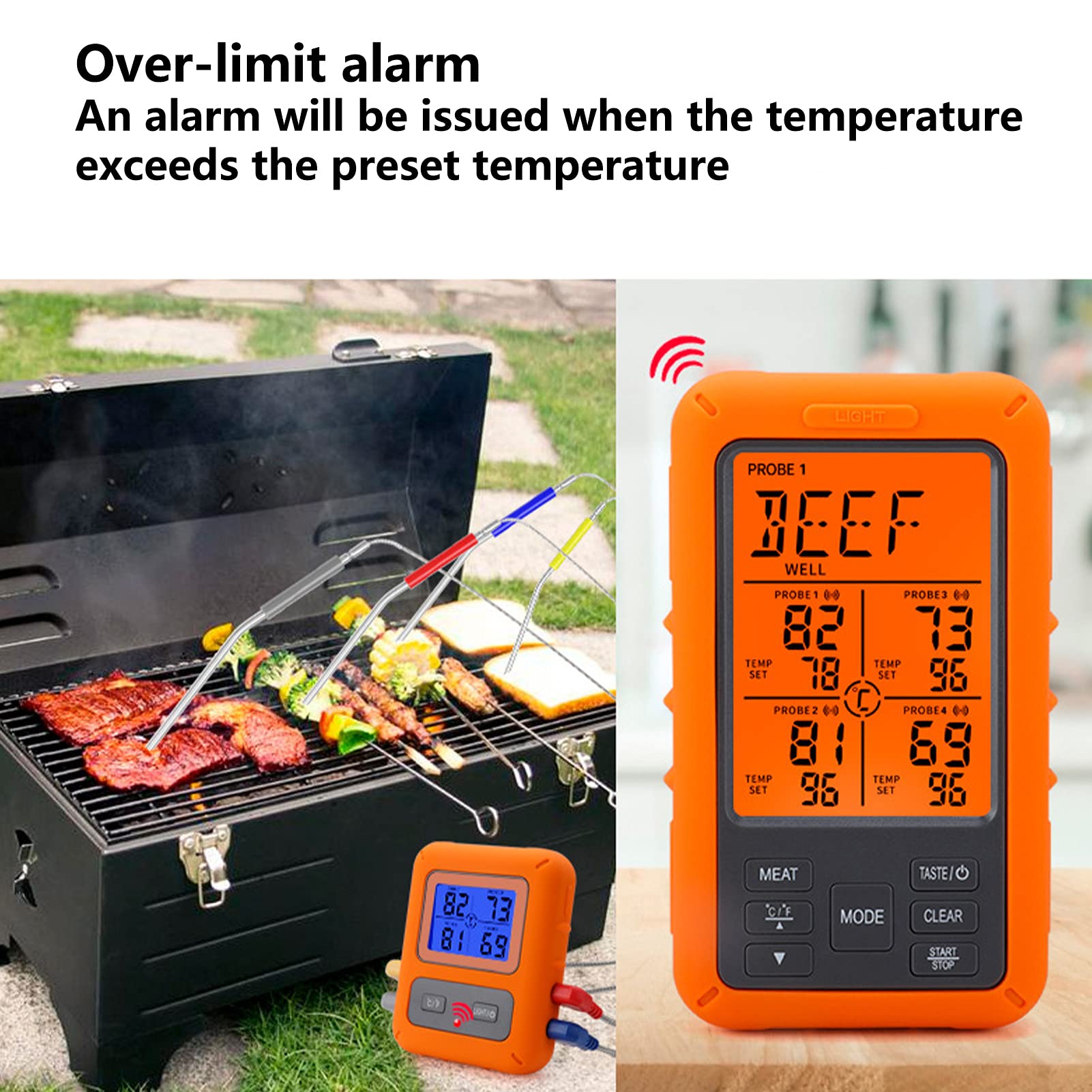Cyfrowy termometr do mięsa SustVita z 4 sondami i alarmem przekroczenia temperatury w piekarniku/wędzarni/grillu/grillu, precyzyjny odczyt temperatury żywności z tylną