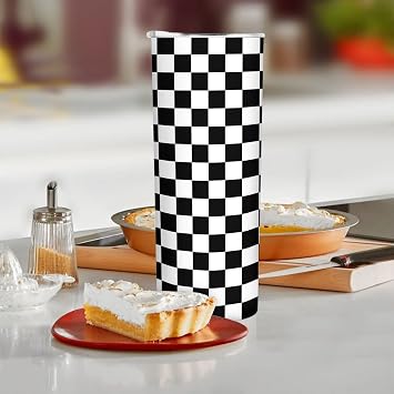 Black Racing 20 oz Insulated Skinny Tumbler with Lid and Straw, White Checkered Straight Tumblers Travel Coffee Cup for Men Women