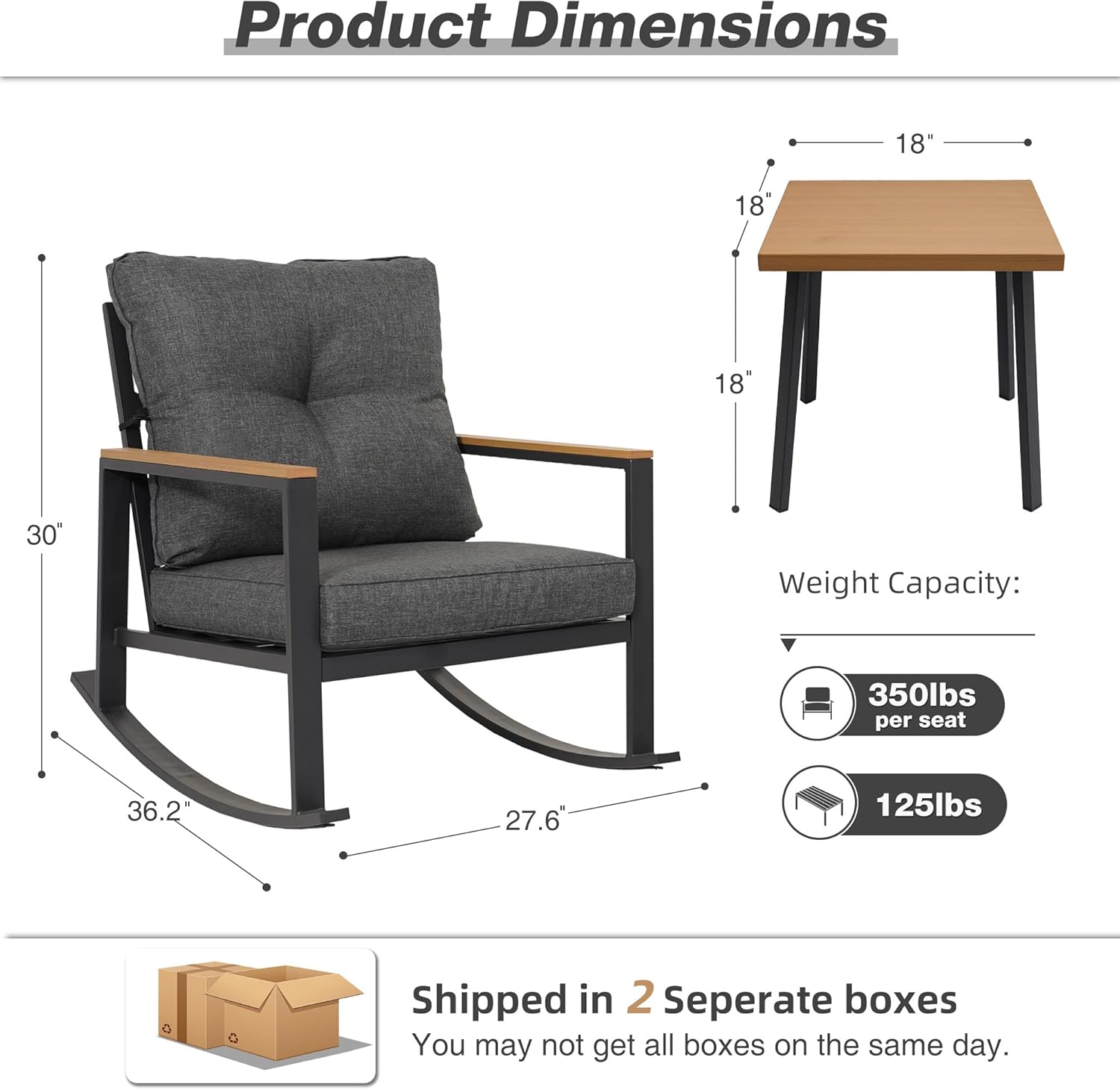 3 Pieces Rocking Bistro Set, Outdoor Patio Furniture Set with Thick Cushions and Coffee Table, Patio Conversation Sets for Garden, Balcony, Backyard, Grey