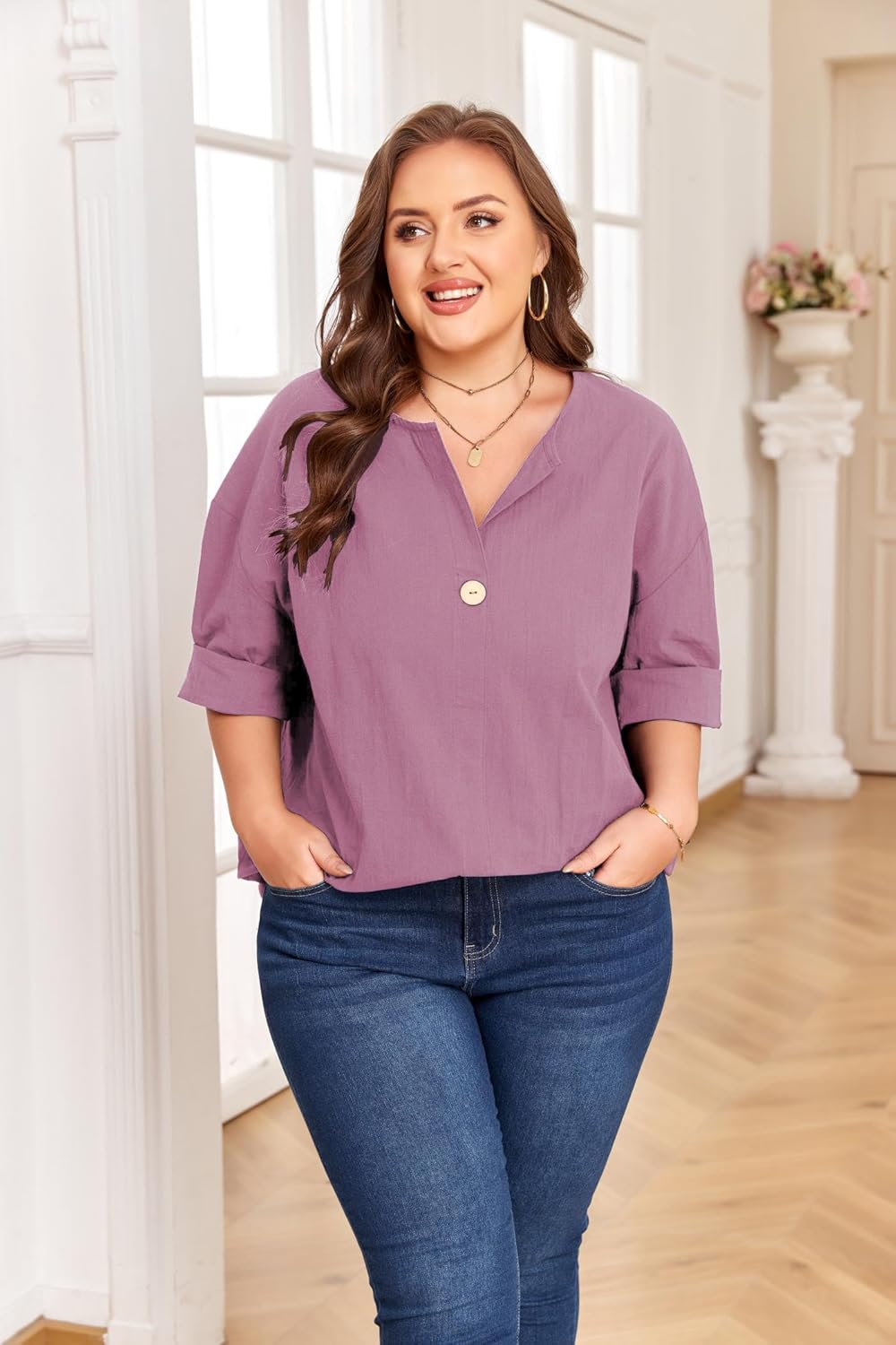Women's Plus Size 3/4 Sleeve Linen Cotton V Neck Button Shirt Blouse Tunic Tops Loose Fit - Image 3