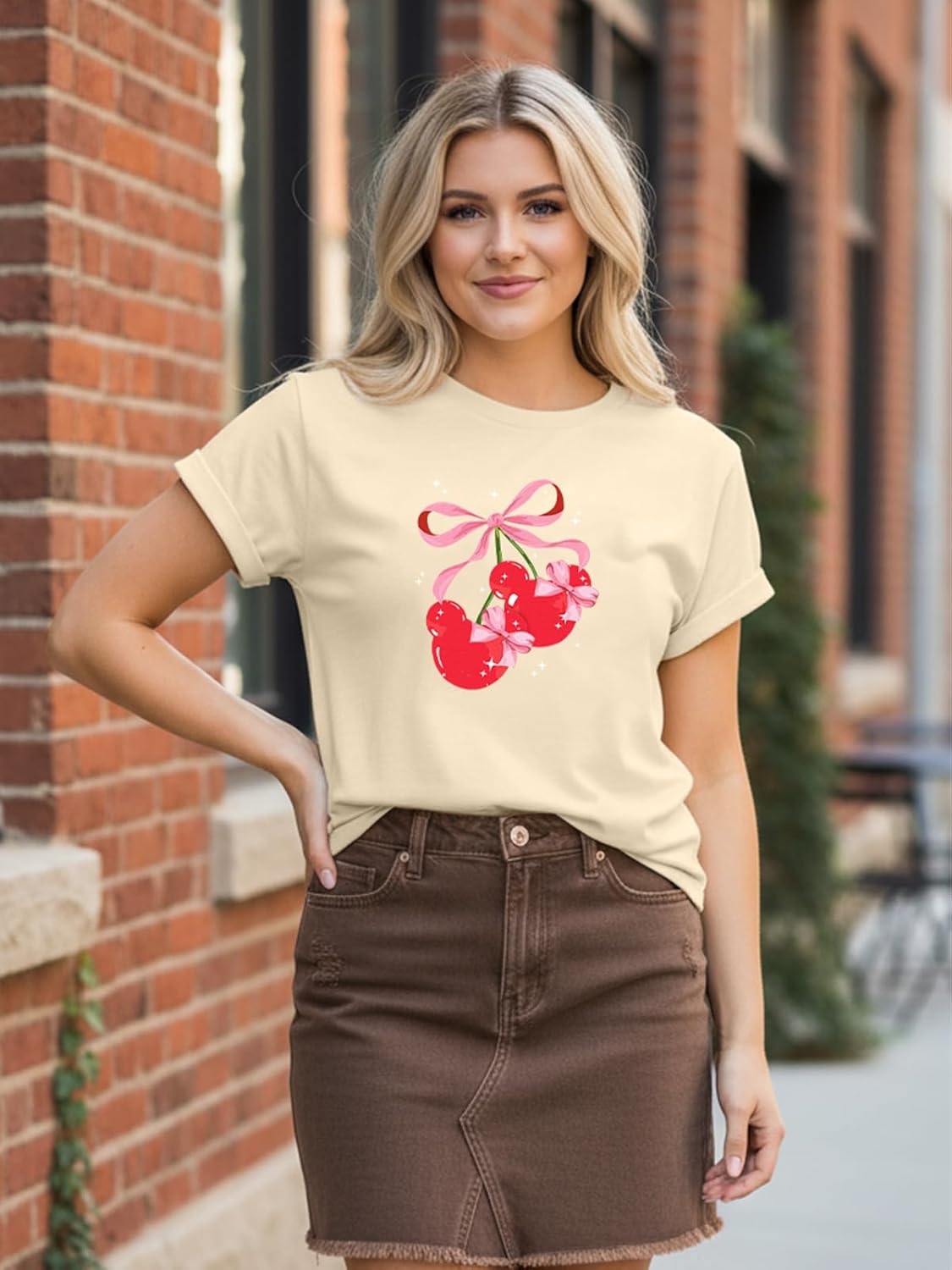 Magical Shirt for Women Pink Bow and Cherry Graphic T Shirt Casual Holiday Cute Trendy Tee Tops - Image 2