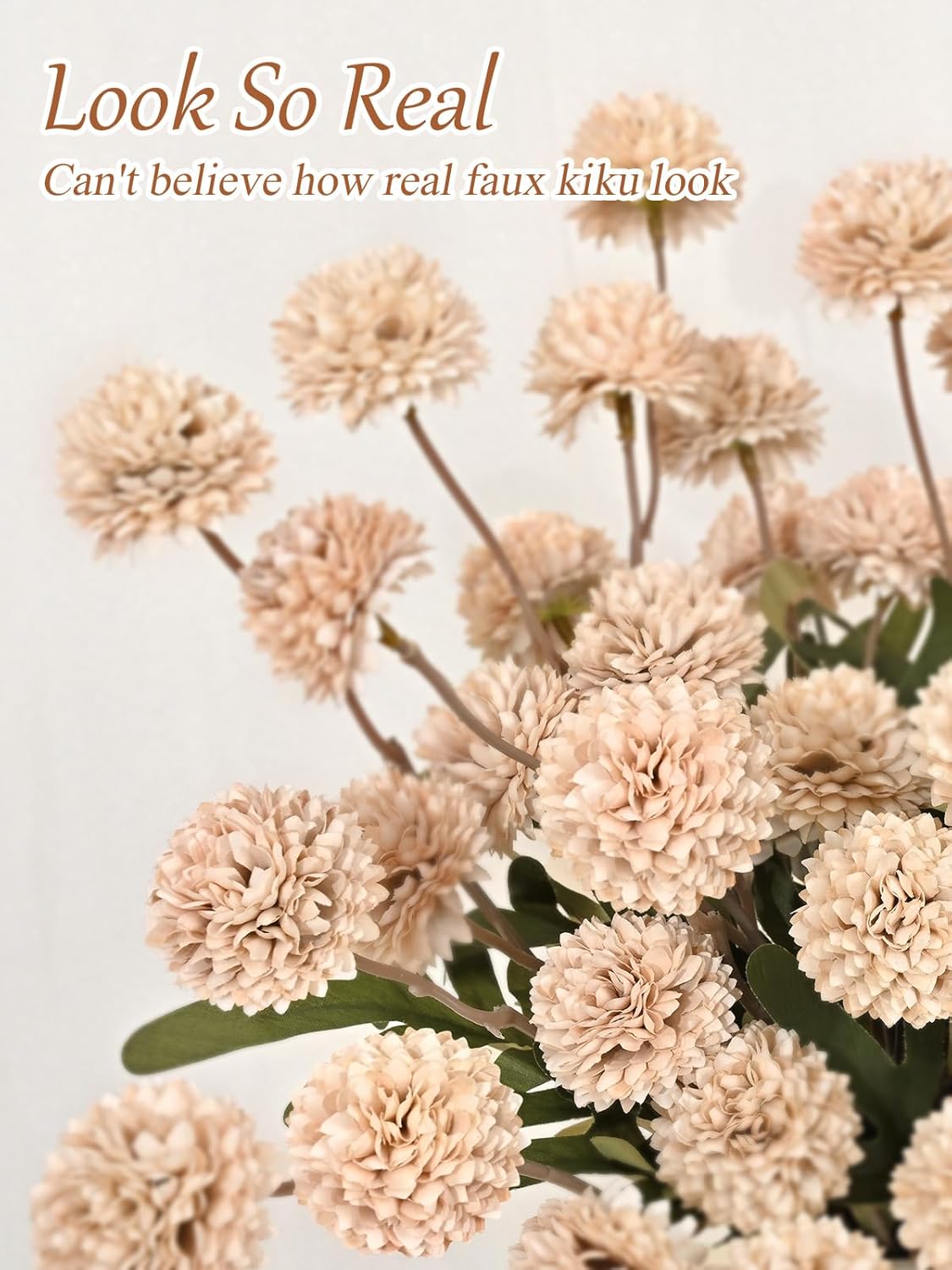 Yastouay 6pcs Fake Flowers Faux Silk Pompon Mums, Bulk Fake Mini Chrysanthemums with Stems, Artificial Kiku Flowers for Vase DIY Centerpieces Bouquet Floral Arrangements Decorations, Beige - Image 2