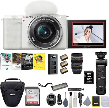 Sony Alpha Mirrorless Vlog Camera Bundle White | Battery, Memory Card, Dual Charger, Carrying Case, Software Suite, 8 items