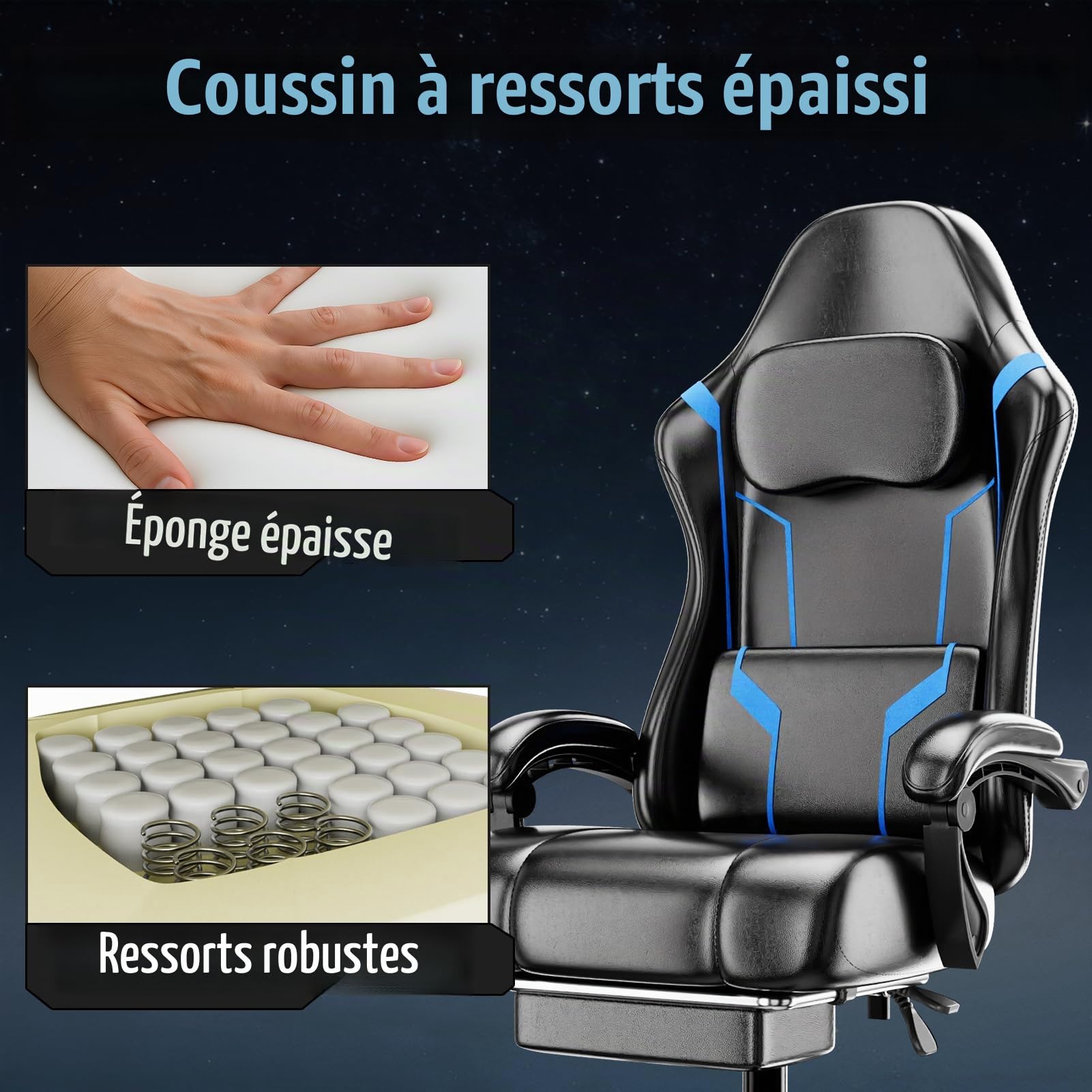 Chaise Gaming pour Adulte, Chaise de Bureau Ergonomique avec Dossier réglable, Fauteuil Gaming avec Appui-tête et Soutien Lombaire, Siege Gaming Rotatif avec Accoudoir (Bleu)