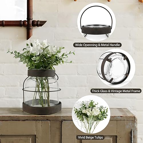 Miniatura 5 de Jarrón de vidrio de granja con flores, jarrón vintage con 1 pieza de hortensia y 5 piezas de ramas de eucalipto, botella de vidrio envejecido