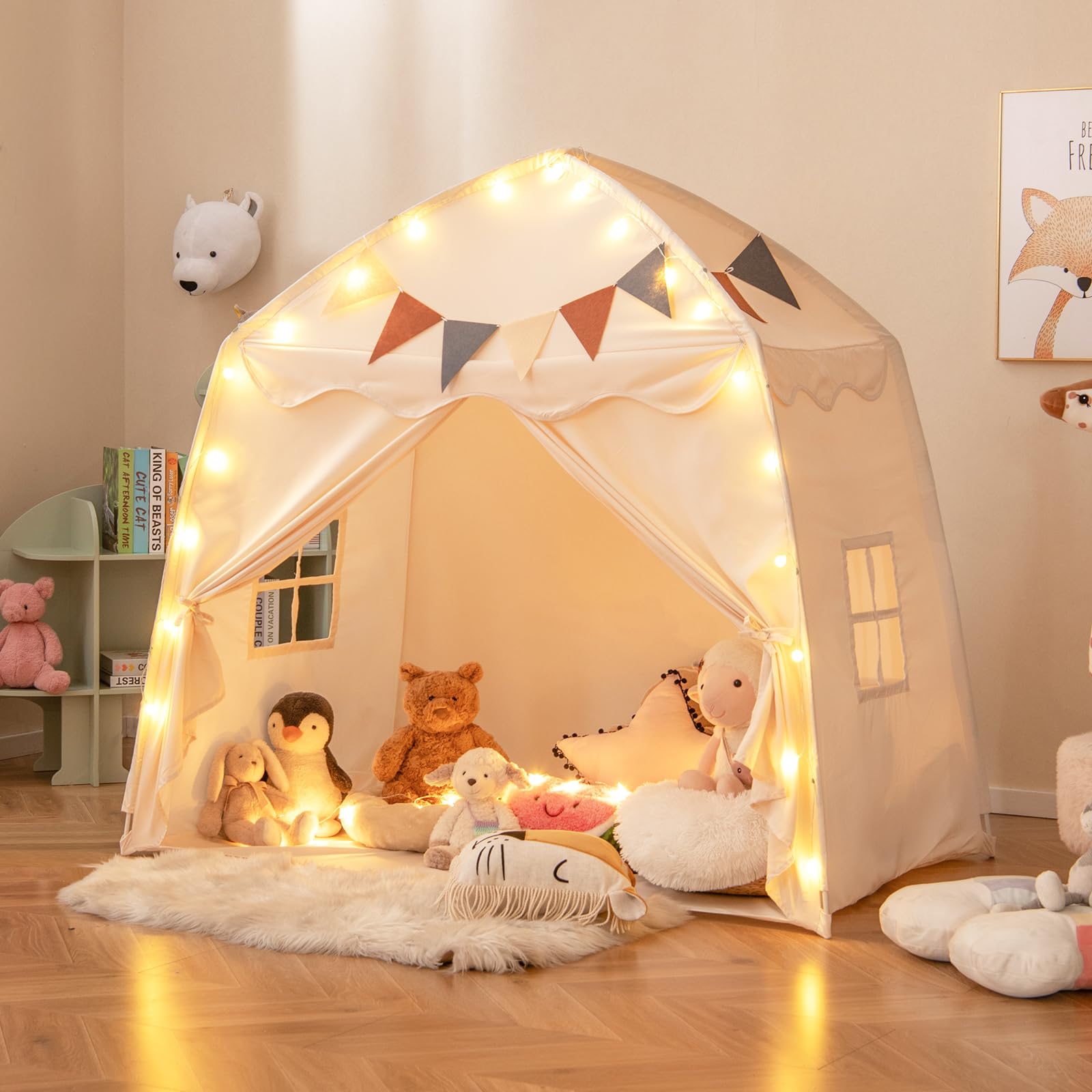 Tenda Da Gioco Per Bambini RELAX4LIFE - Per Fino A 3 Bambini, Con Luci A LED 4m, Bandierine, Finestre, Rosa