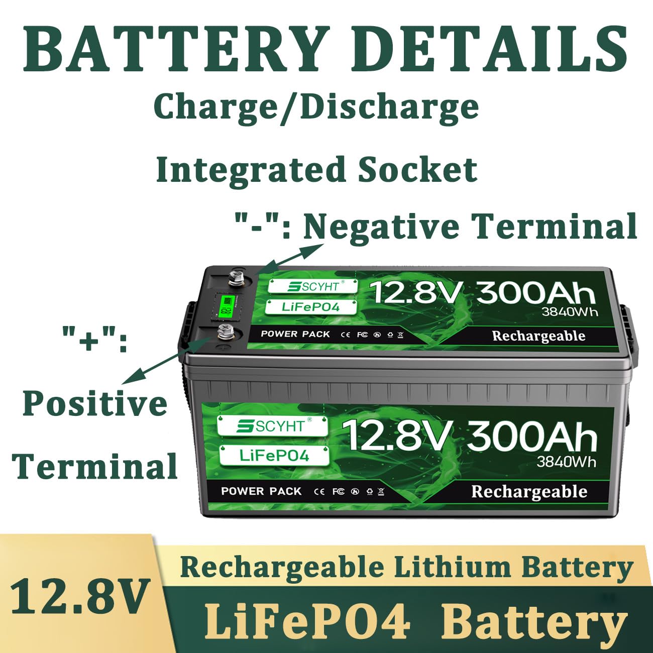 Batería de litio 12,8 V 300 Ah Batería LiFePO4 300 Ah Baterías ciclo profundo 12,8 V Baterías recargables para energía solar y respaldo con BMS para motor 750 W a 3840 W