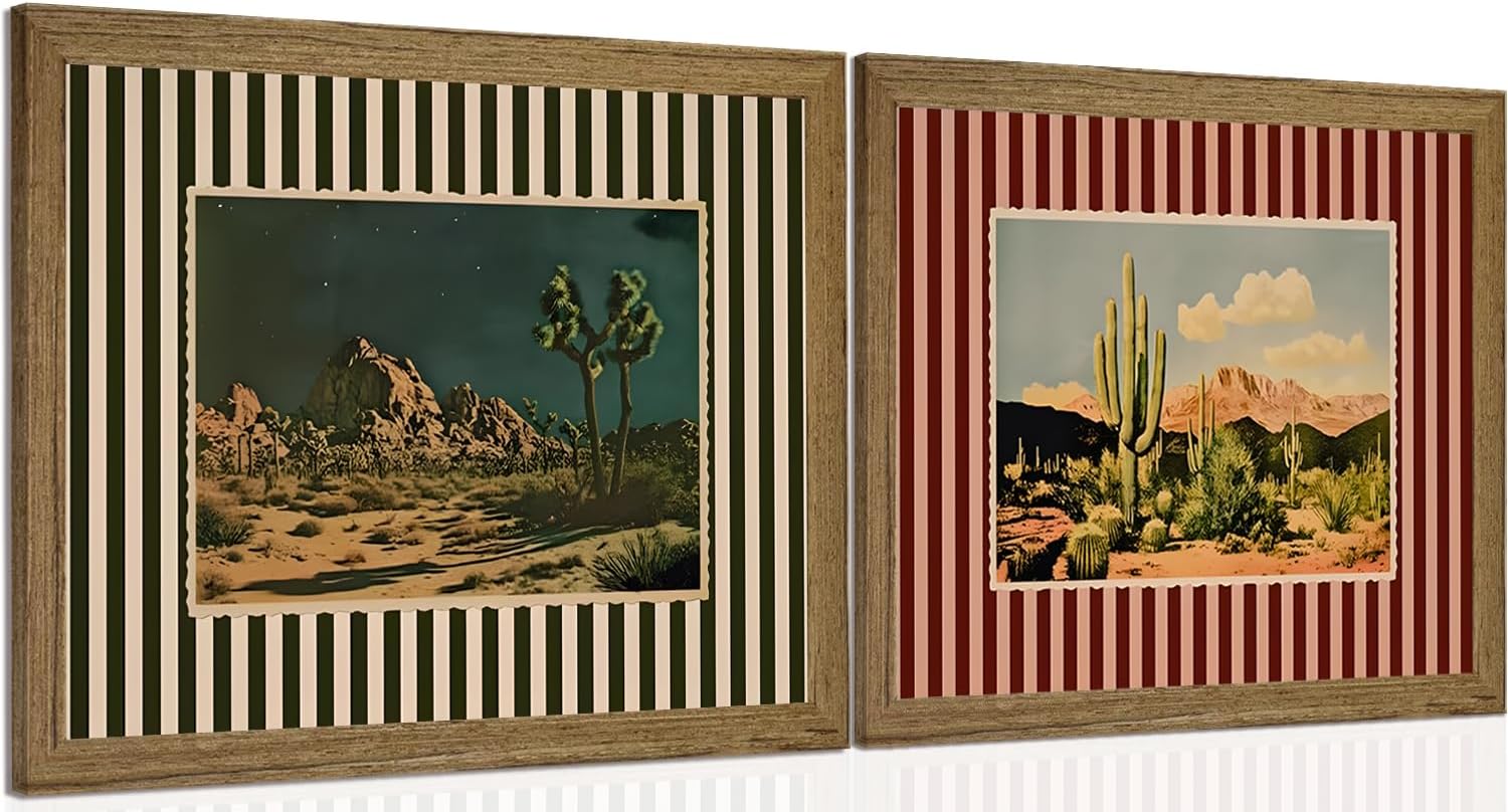 Vintage Western Cactus Wall Art Set of 2, Southwestern Desert Canvas Prints Wall Decor Mid Century Nature Striped Landscape Mexican Paintings Artwork for for Living Room Bedroom 12x16 inch Framed
