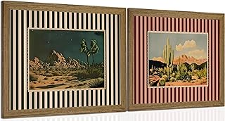 Vintage Western Cactus Wall Art Set of 2, Southwestern Desert Canvas Prints Wall Decor Mid Century Nature Striped Landscape Mexican Paintings Artwork for for Living Room Bedroom 16x24 inch Framed