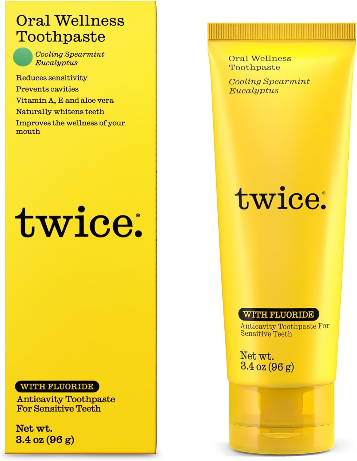 Twice Anti-Cavity Fluoride Toothpaste – Sensitivity Relief, Teeth Whitening & Fresh Breath – Cooling Spearmint Natural Toothpaste – 3.4 oz (Pack of 3)