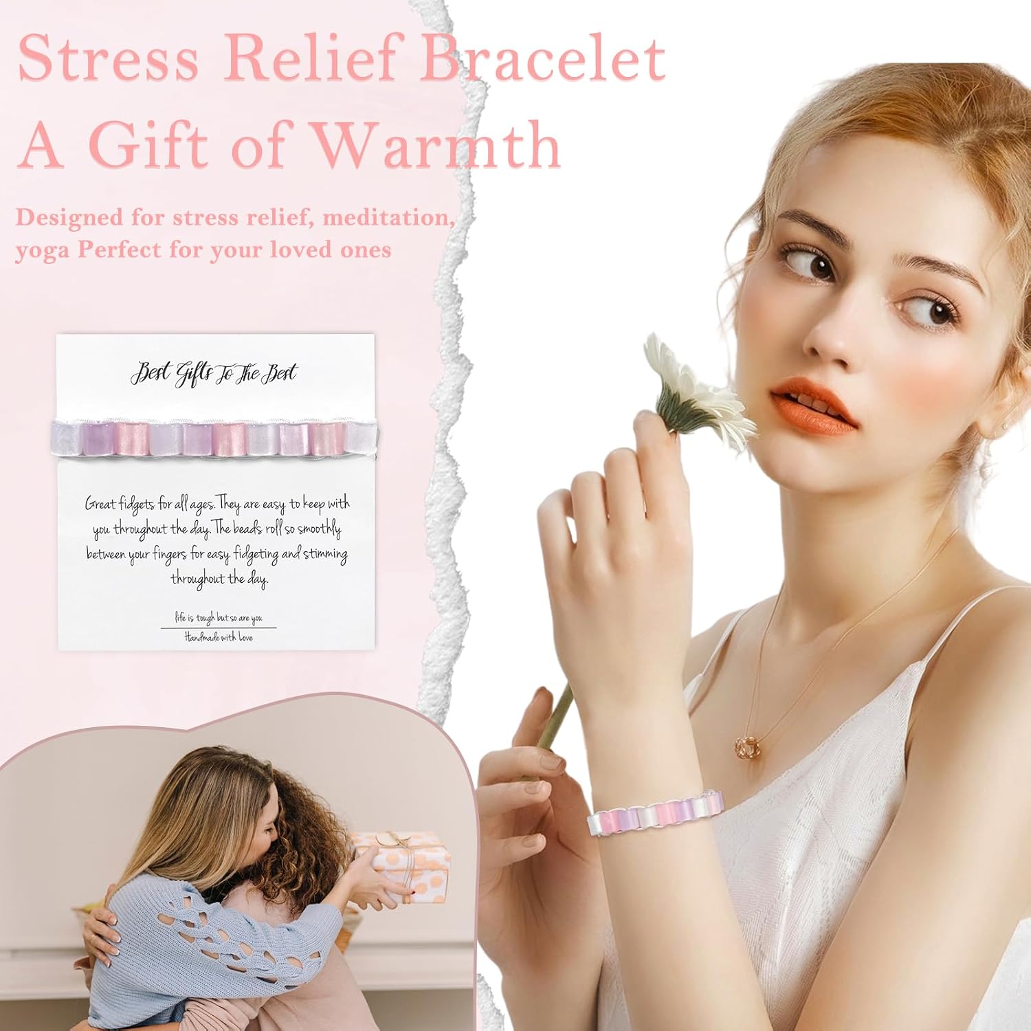 Fidget Anxiety Bracelet Jewelry Pink Purple Adjustable Mood Bracelet Resin Beaded Bracelet Fidget Strand Anxiety Bracelet Spinner Healing Handmade Gift For Women Jewelry Friend Party Birthday
