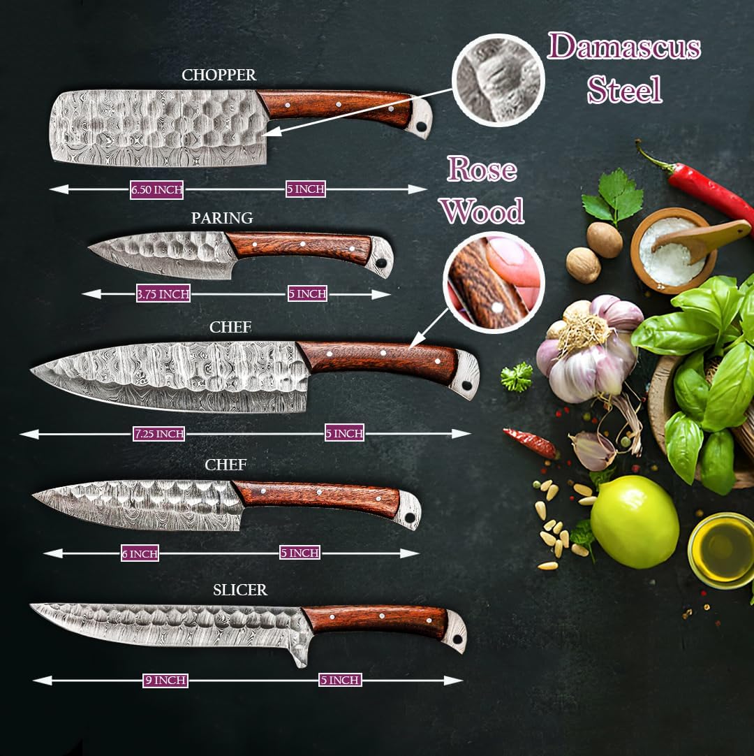 LEONA CRAFT® 5-Piece Handmade Kitchen Knife Set with Leather Roll, Hammered Damascus-Style High Carbon Stainless Steel Chef Knives, Wooden Handle Professional Cooking Gift Set for Home & Chef.001