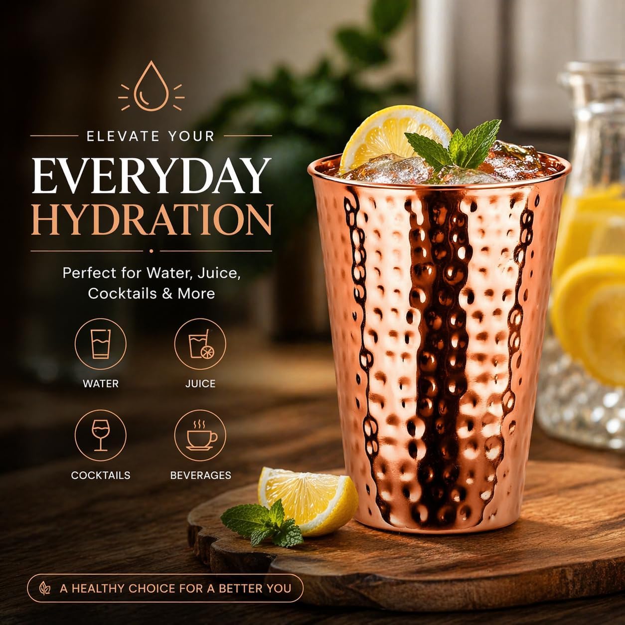 100% Pure Copper Tumblers |BPA Free| No coating| Lacquer Free| Handcrafted Hammered Ayurvedic Glasses | 18 OZ Water Cups for Health, Detox & Hydration | Luxury