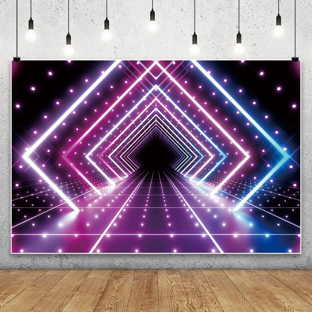 4.5x3m Let 's Glow Fondo de Fiesta de Neón Futurista Cuadrado Luces de Neón Túnel Música Fiesta de Cumpleaños Fotografía Fondo Los 80 90 's Disco Fiesta Banner