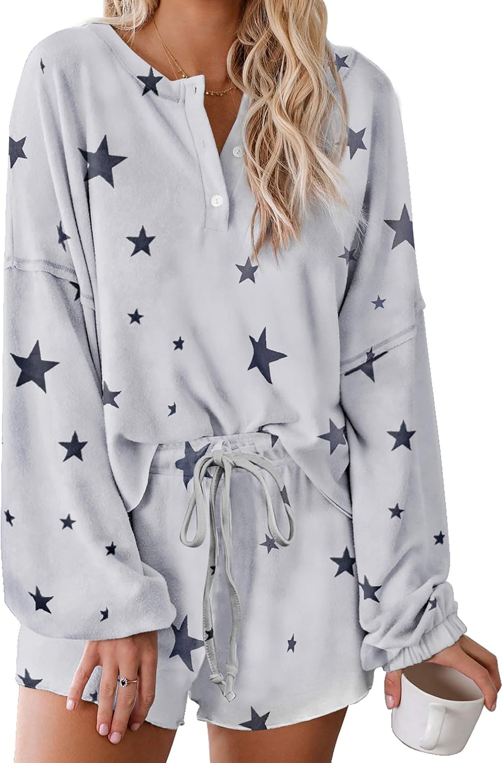 BTFBM Women Pajamas Tie Dye Print Long Sleeve Shirt Elastic Drawstring Shorts Pant PJ Set Sleepwear Loungewear Nightgown