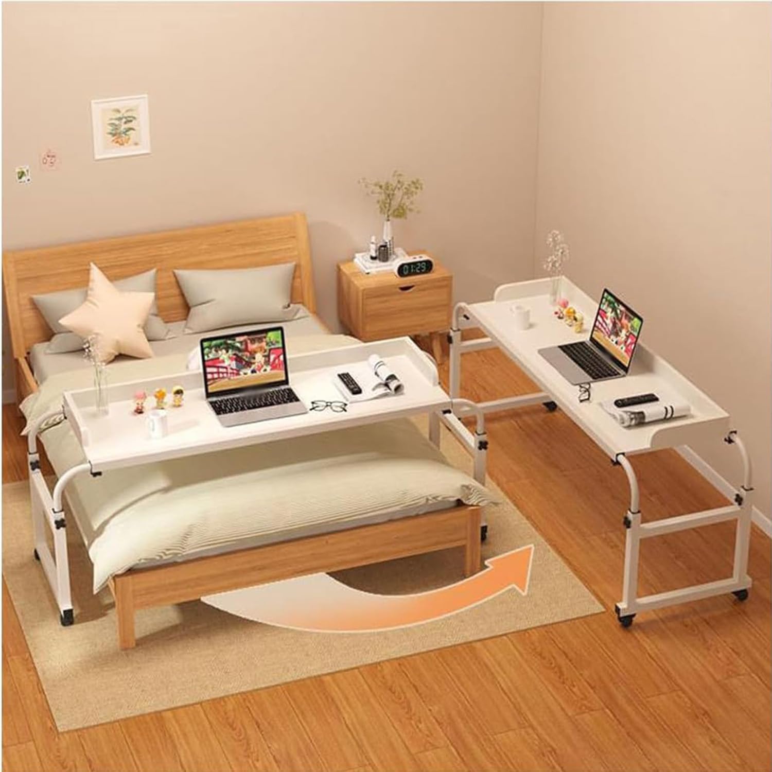 Crafting Table，Table On Wheels Foldaway Desk Reading Table Craft Desk Bed Laptop Table Folding Desk Height Adjustable Desk Work from Home Desk(Color:White+)