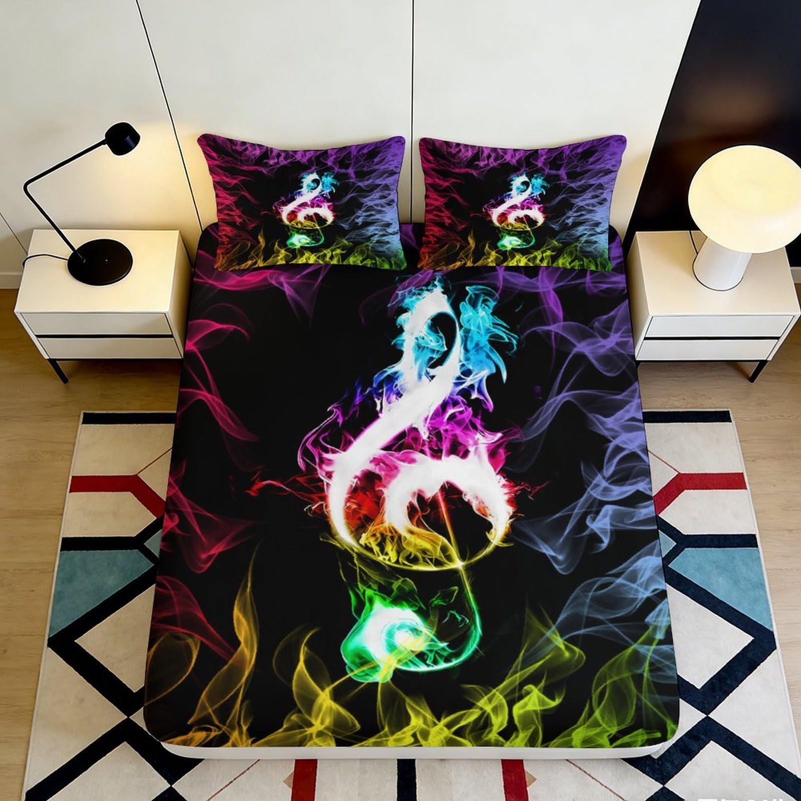 3D Printed Colorful Smoke Note Fitted Sheet Microfiber Soft Bed Cover for Bedroom Dorm Mattress Protection 90x200x25cm