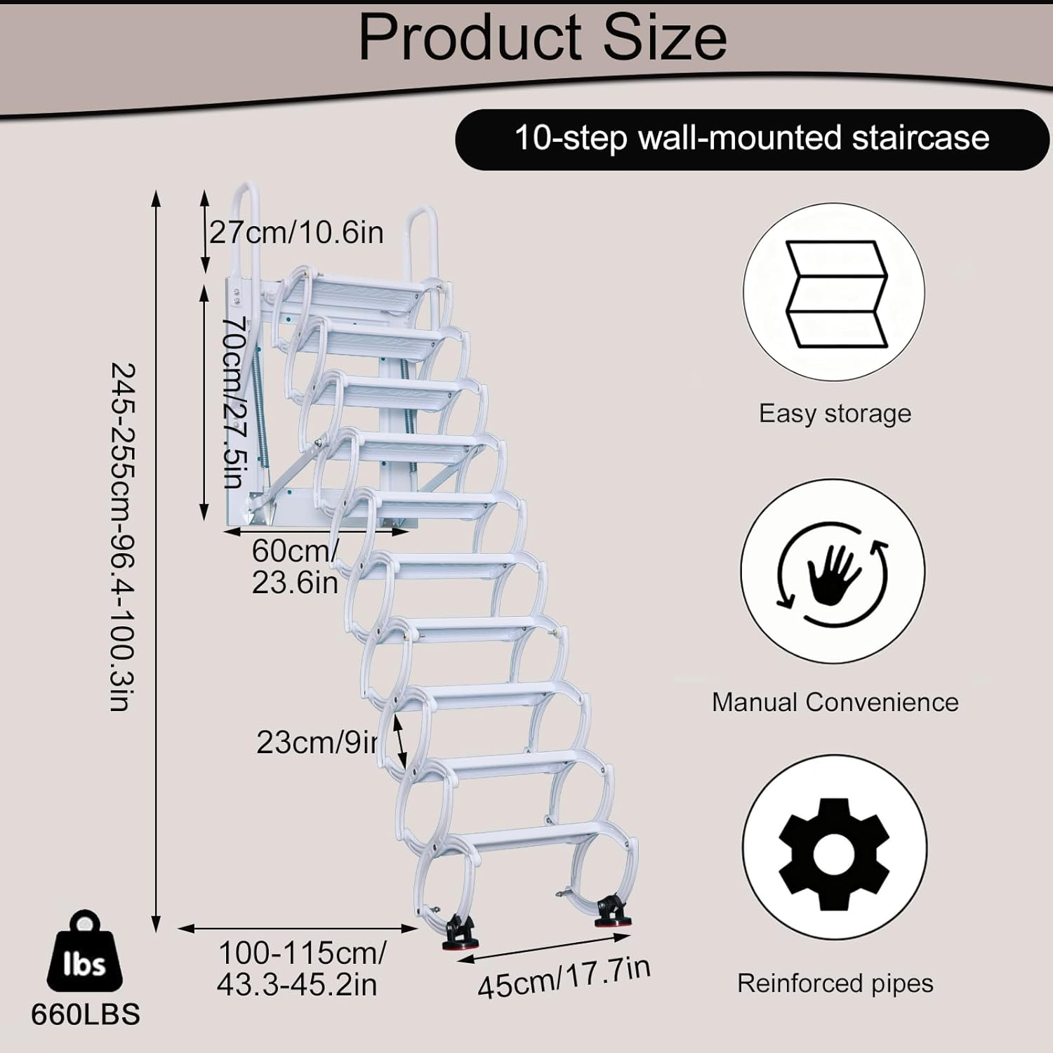 8.3 ft Wall-Mounted Folding Ladder, Attic Pull-Down Staircase System, 10-Step Loft Retractable Stairs, Suitable for Family Garages, Attics and Basements, Up to 660 Lbs (White, 8.3ft)