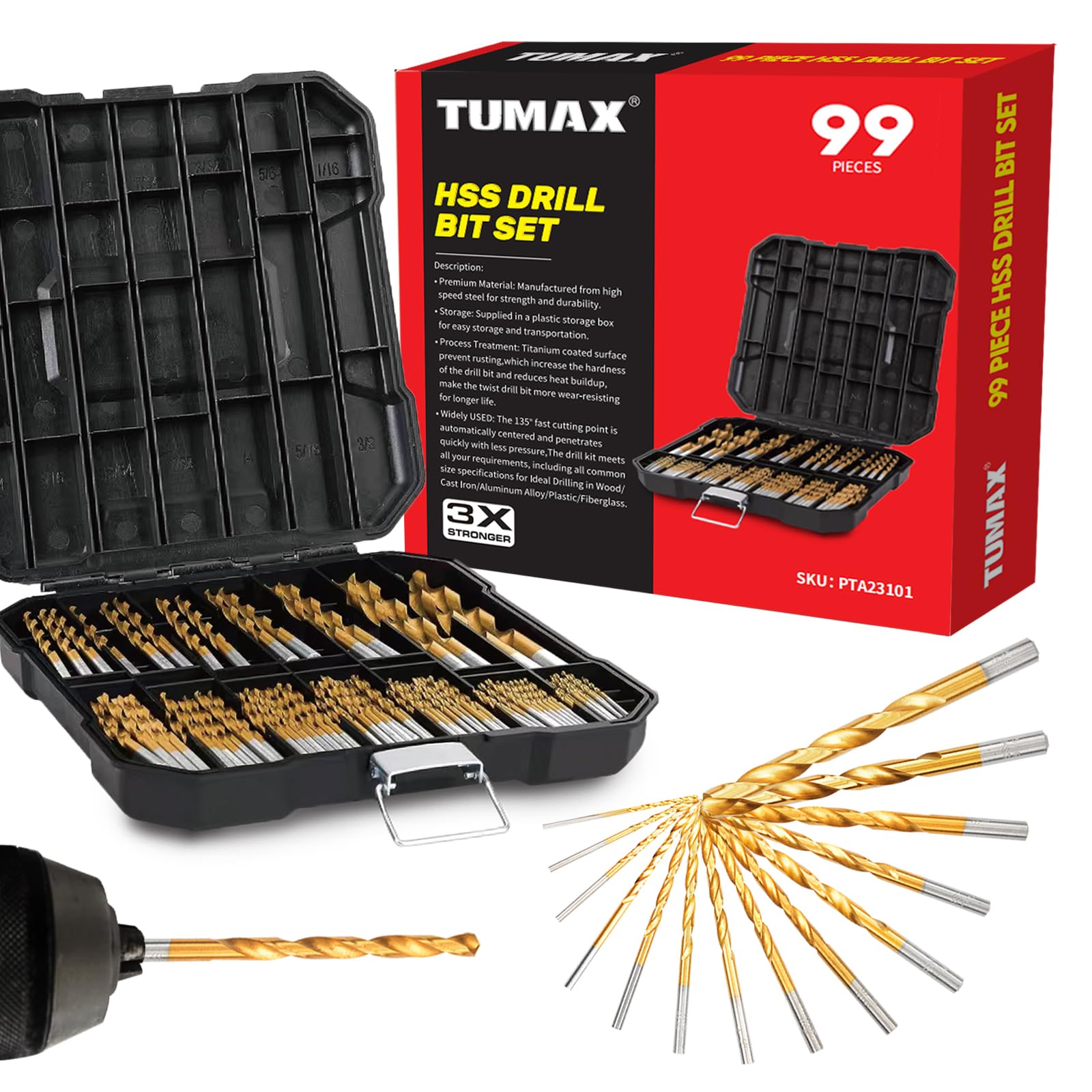 SAE 99PCS Titanium Coated Drill Bit Set, 135° Tip High Speed Steel, Twist Drill Bit Set with Storage Case for Aluminum, Copper, Soft Alloy Steel, Wood, Plastic Size from 1/16" to 3/8"