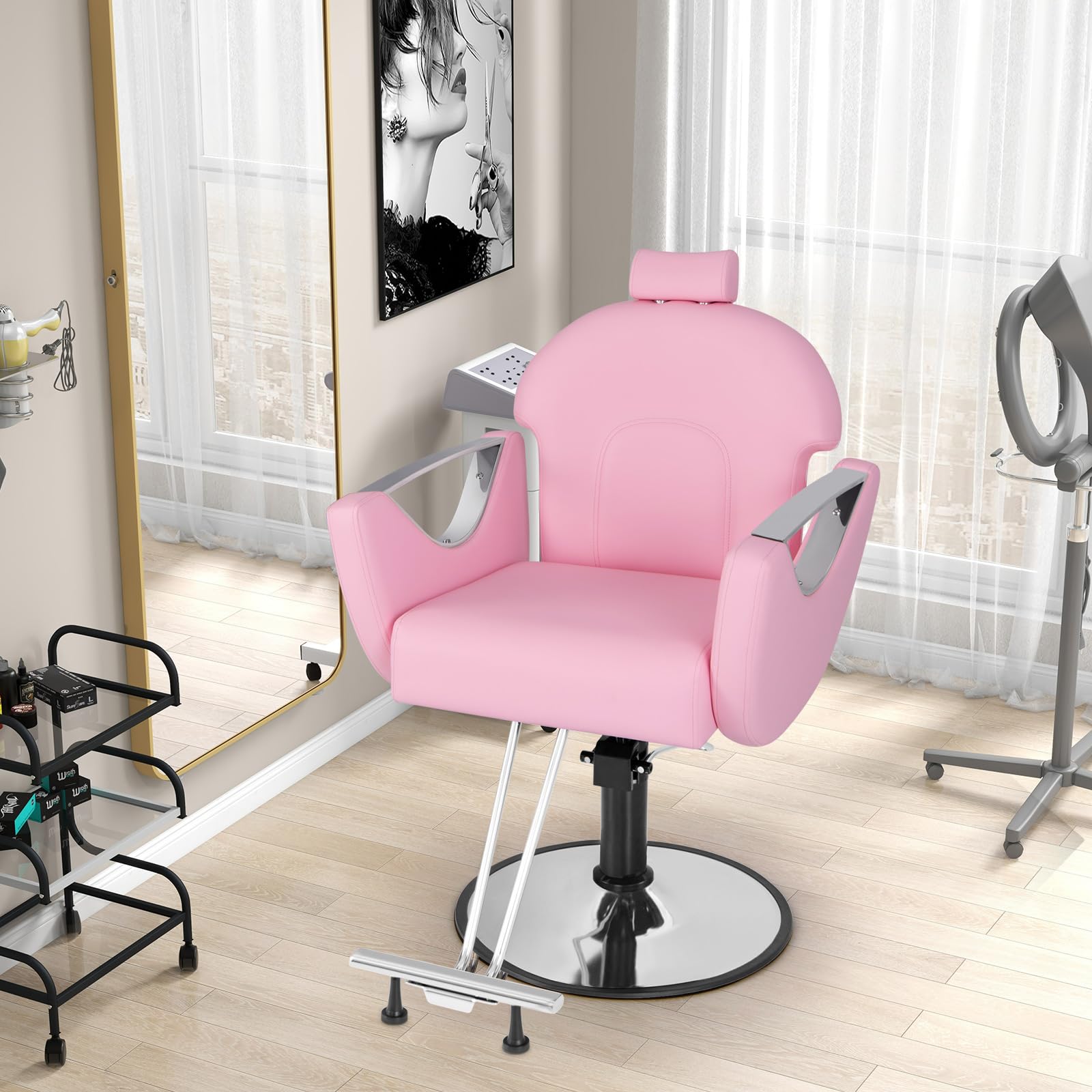 COSTWAY Silla de Peluquería Reclinable, Silla de Barbero Ajustable en Altura y 360°Giro, con Bomba Hidráulica, Esponja Densa y Base Metálica Estable, Ideal para Peluquería, Tatuajes y SPA (Rosa)
