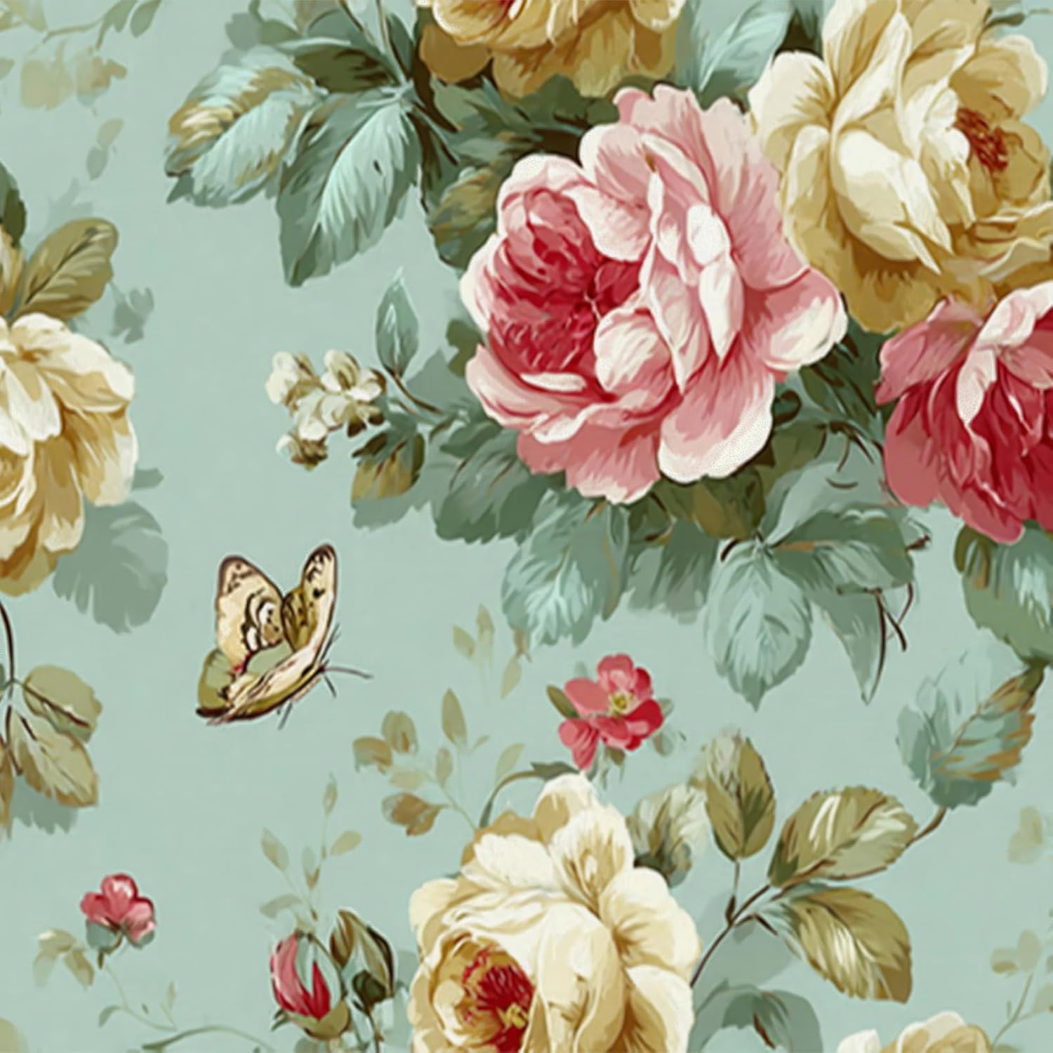 HOMETITUTE Wallpaper Peel and Stick Vintage Rose Garden on Teal Background Contact Paper Wall Paper Stick 17.7" x 118.1" Self Adhesive Removable Vinyl Wall Covering Bedroom Kitchen Bathroom Home Decor