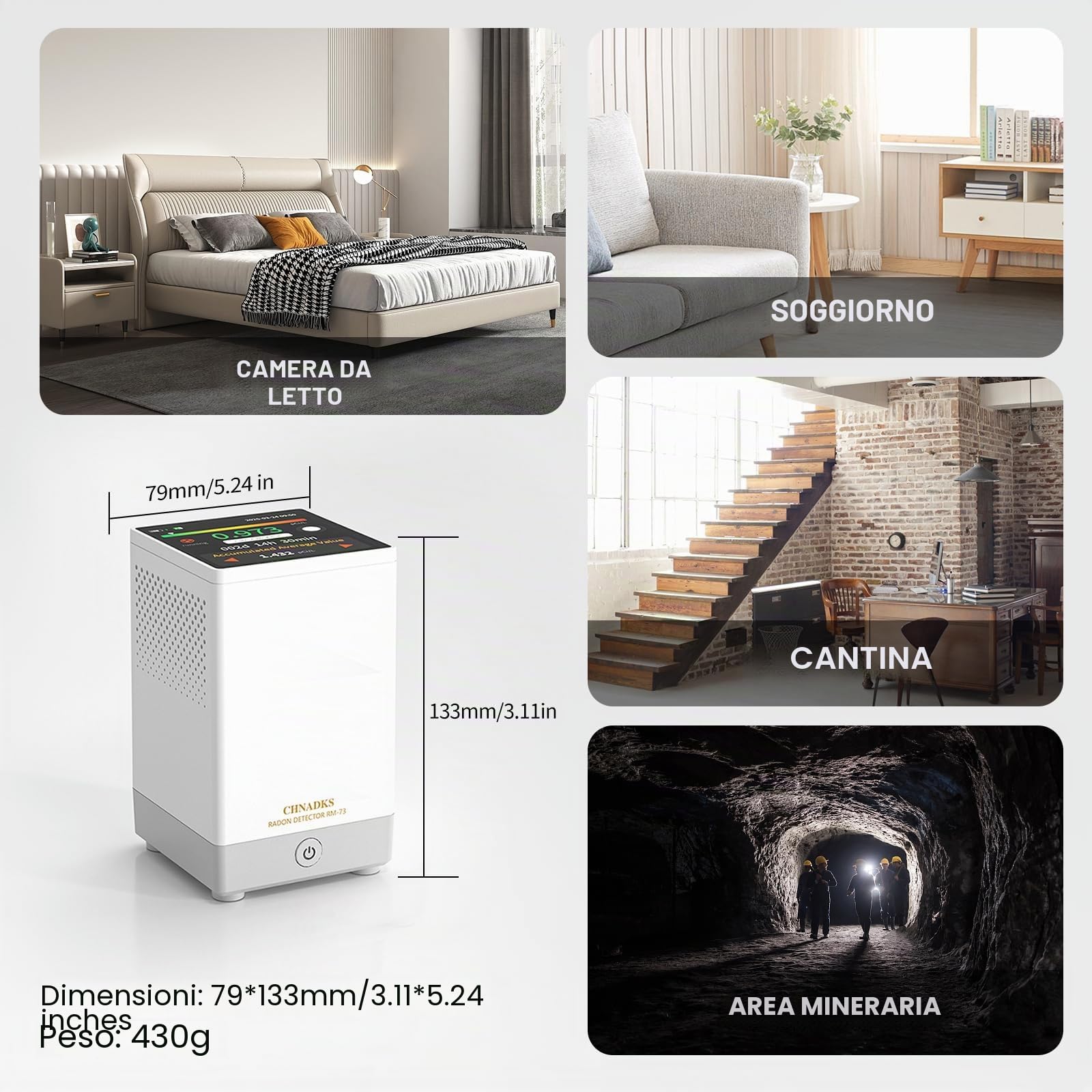 RM-73 Rilevatore di radon, con allarme sonoro e visivo, schermo LCD a colori touch, per il monitoraggio a lungo termine della concentrazione di radon in casa o in cantina, in Bq/m³ o pCi/L