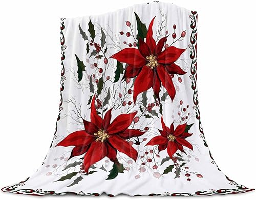 Manta de franela de flores de pascua, bayas rojas, hojas de Navidad, manta de forro polar, ligera, vertical, suave y cálida para todas las