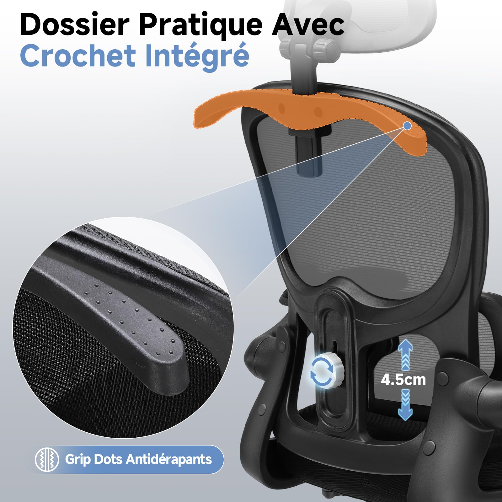 COMHOMA Chaise de Bureau Ergonomique, Fauteuil avec Appui-tête 3D et Support Lombaire, Design Intégré avec Porte-vêtements, Accoudoirs Rabattables, Siège Rembourré en Maille Respirante