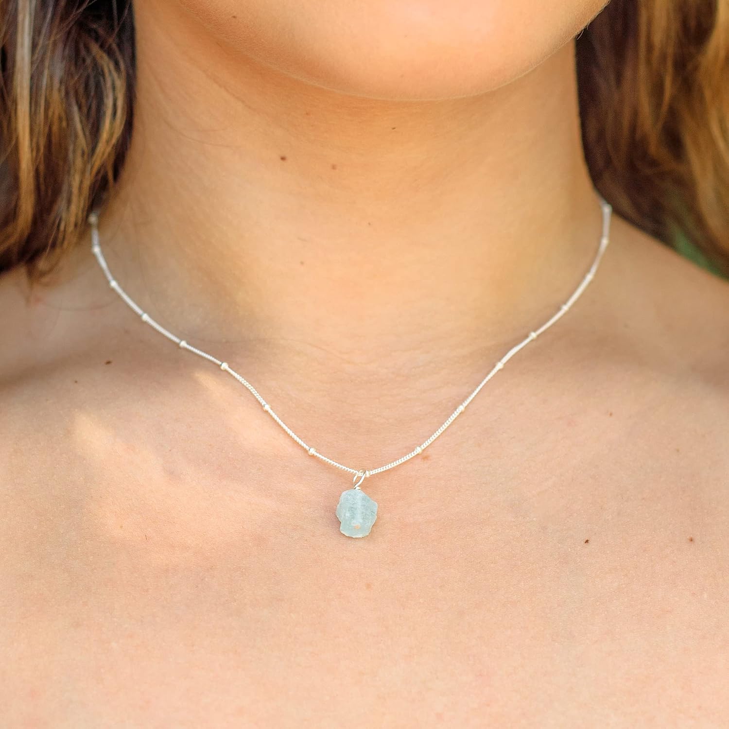 Aquamarine Raw Crystal Pendant Necklace in Sterling Silver Satellite