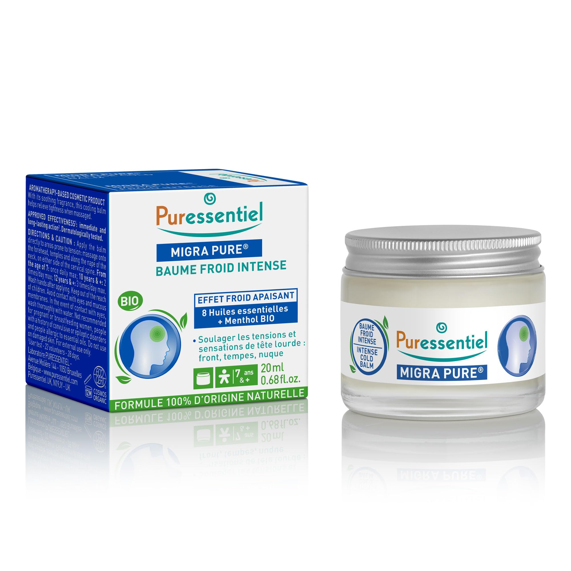 Puressentiel Headache Balm Migra Pure, Organic, Relief from Pain Caused by Tension Headaches, Instant Refreshing Effect, Natural Formula with 8 Organic Essential Oils, 20 ml