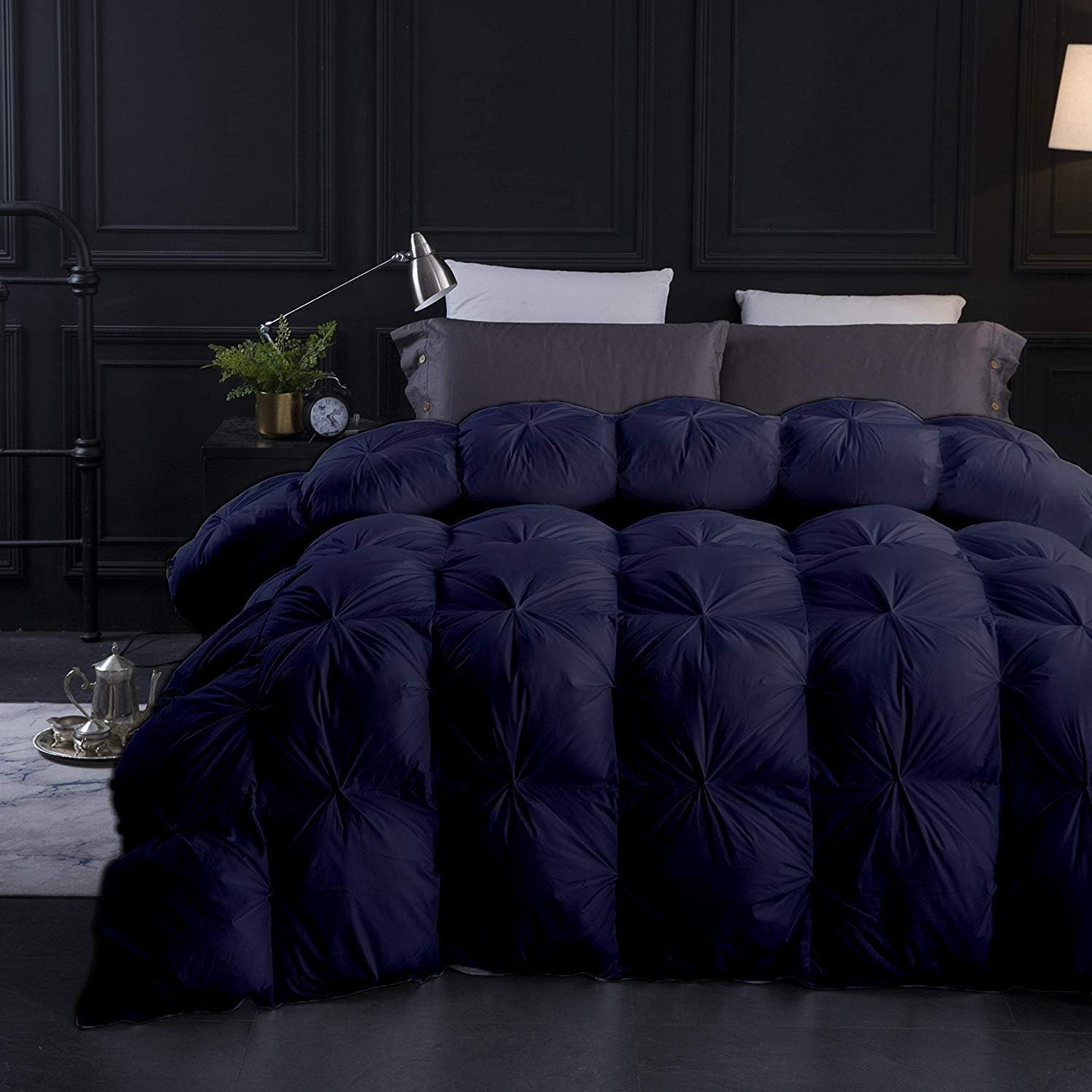 Simple Style 1650-TC Pinch Pleated Down Comforter Alaskan King Plus 120x136 Inches 1-Piece All-Season Duvet Insert, 850 GSM Micro Fill with All Side Corner Tabs 100% Egyptian Cotton-Navy Blue