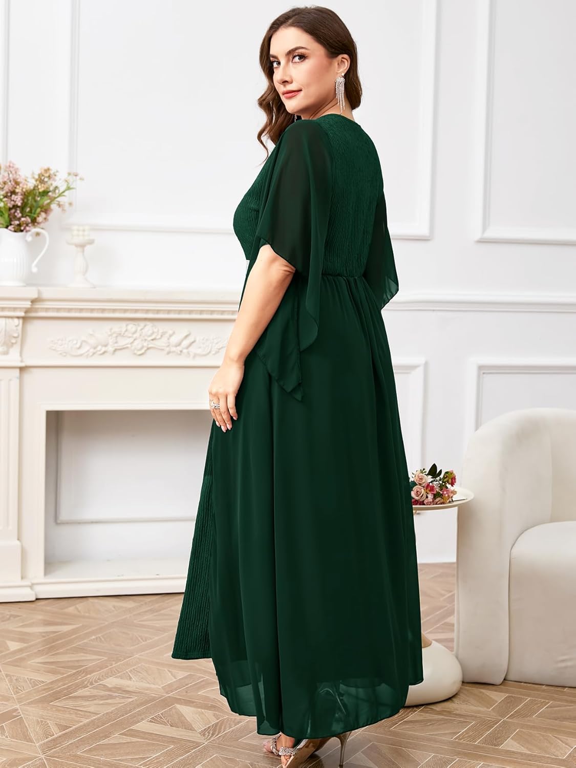 ZOMVA Plus Size Formal Dress V Neck Chiffon Handkerchief Sleeve Mother of Bride Dresses Wedding Guest Party Evening Gown - Image 3