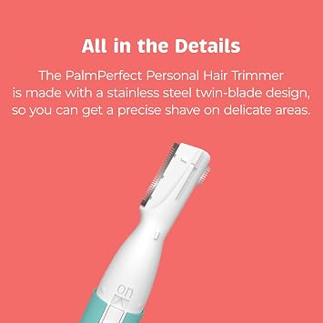 PalmPerfect Personal Hair Trimmer Painless Precision Shaver for Eyebrows, Upper Lip, Ears, and Nose Stainless Steel Twin-Blade Groomer with Dual-Length Comb & Battery Included