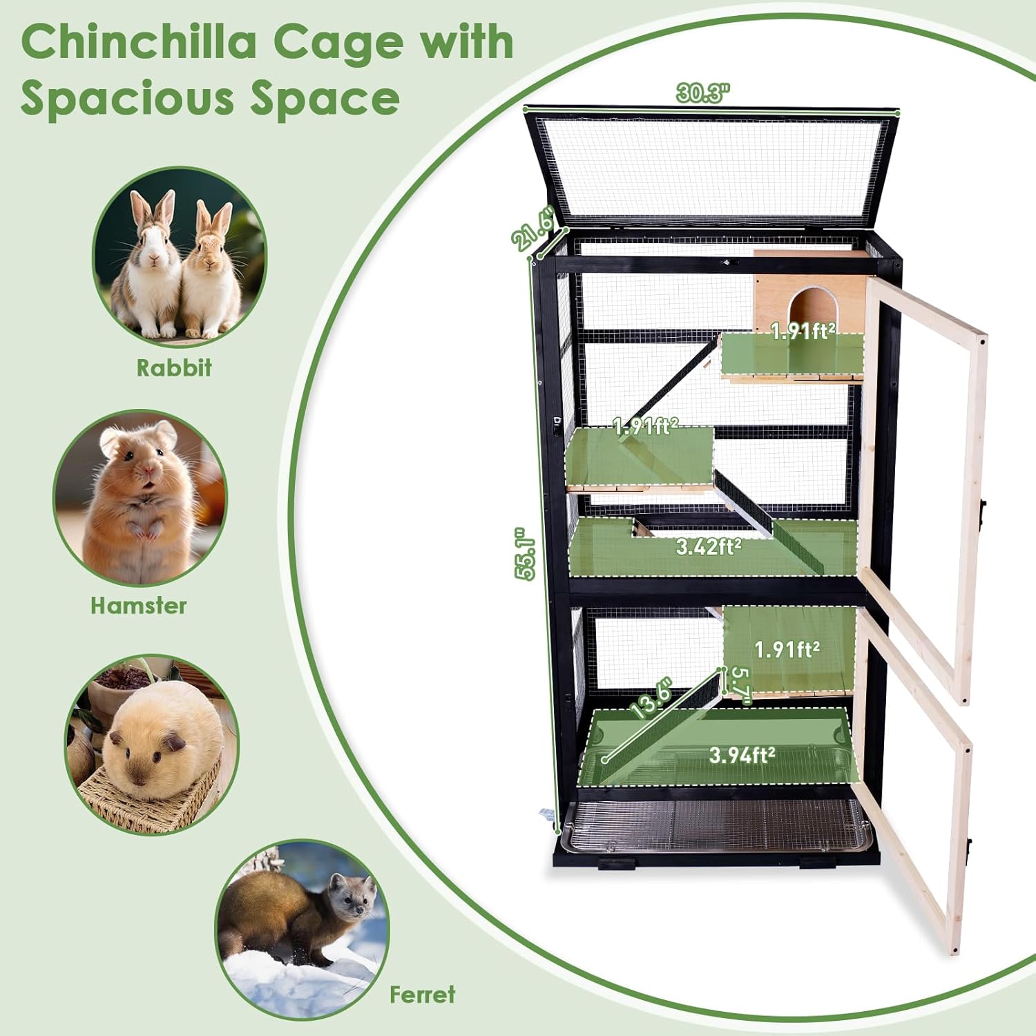 Chinchilla Cage Large Enclosure for Squirrel Chameleon Ferret Rat Guinea Pig Rabbit with Ramps, Chew-Proof Ramps & Slide-Out Tray
