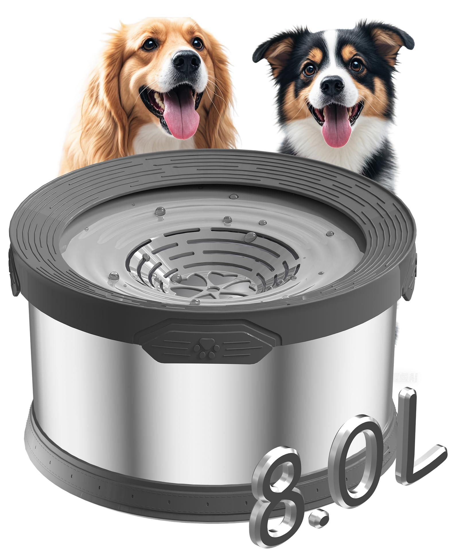 8L Dog Water Bowl No Spill 2.1 Gallon Stainless Steel Water Bowl for Dogs 270oz Large Capacity No Splash Slow Drinking Feeder with Anti-Slip Mat for