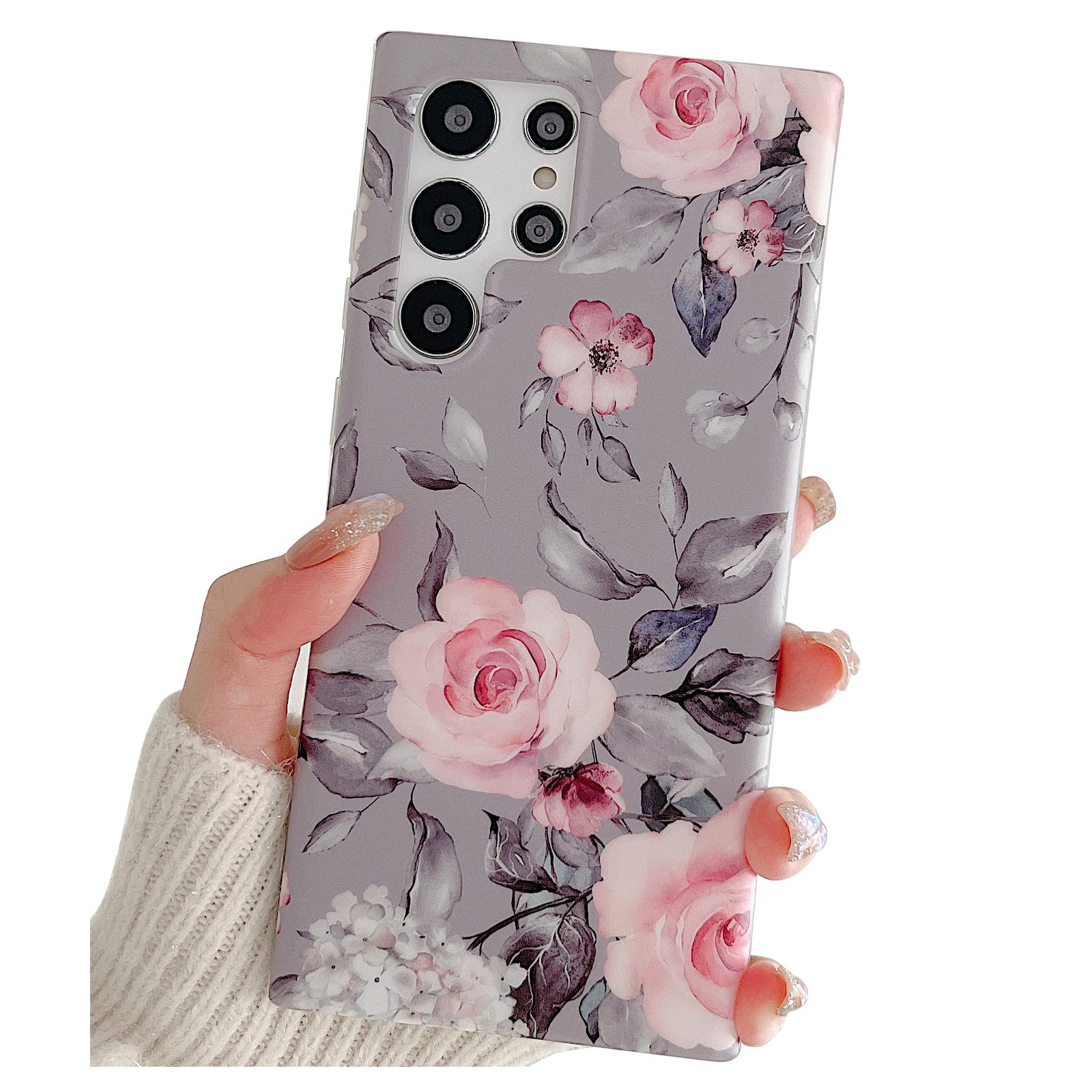 YeLoveHaw Phone Case Designed for Samsung Galaxy S22 Ultra 5G for Women Girls, Soft Slim Protective Cute Cover, Floral Purple Gray Leaves Pattern, Compatible with Samsung S22Ultra 6.8'' (Pink Flowers)