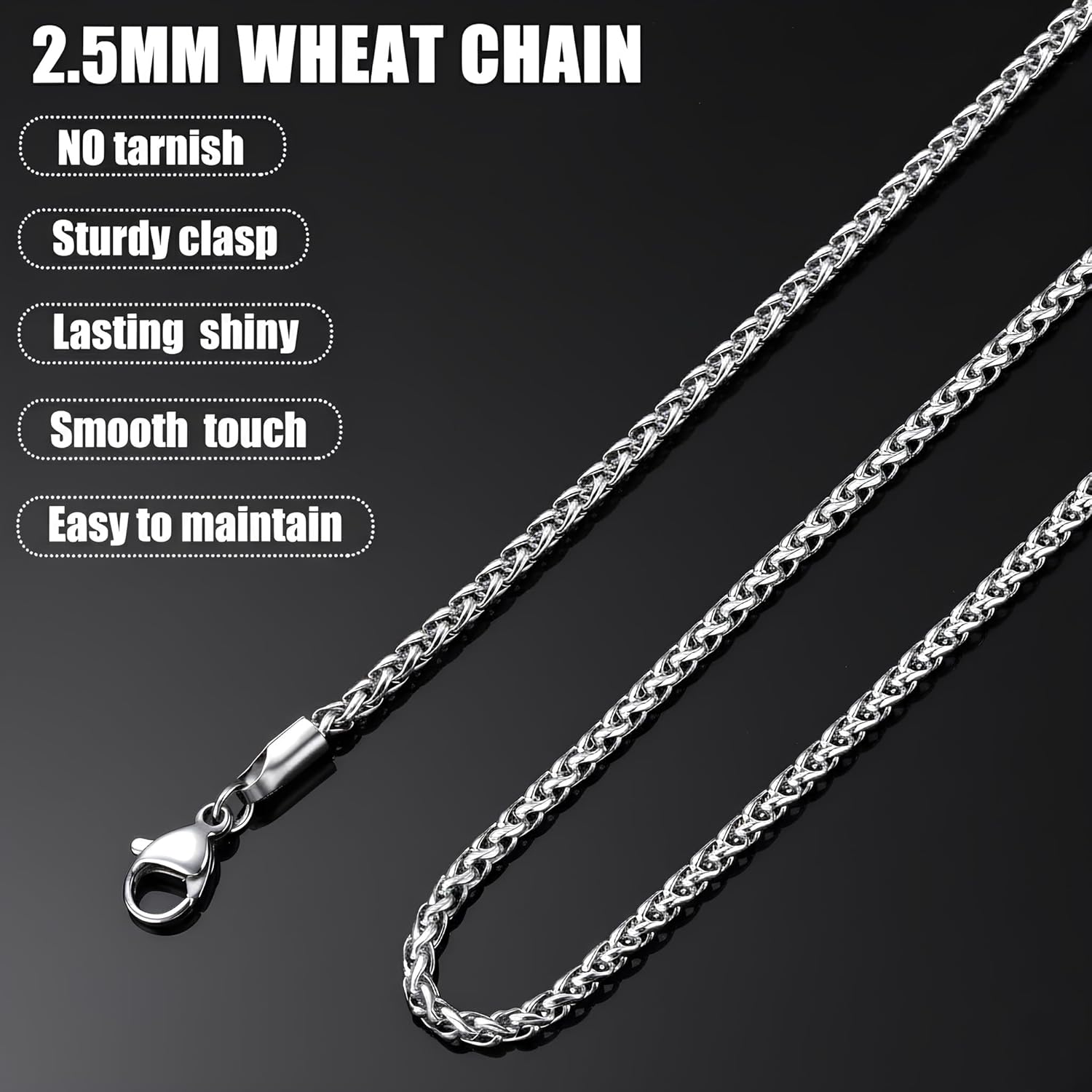 Fiusem Wheat Chains for Men and Women, 2/2.5/3/4/5mm Silver Tone/14K Gold Plated/Black Necklace Chain, Stainless Steel Mens Necklace 16-28 Inch - Image 6