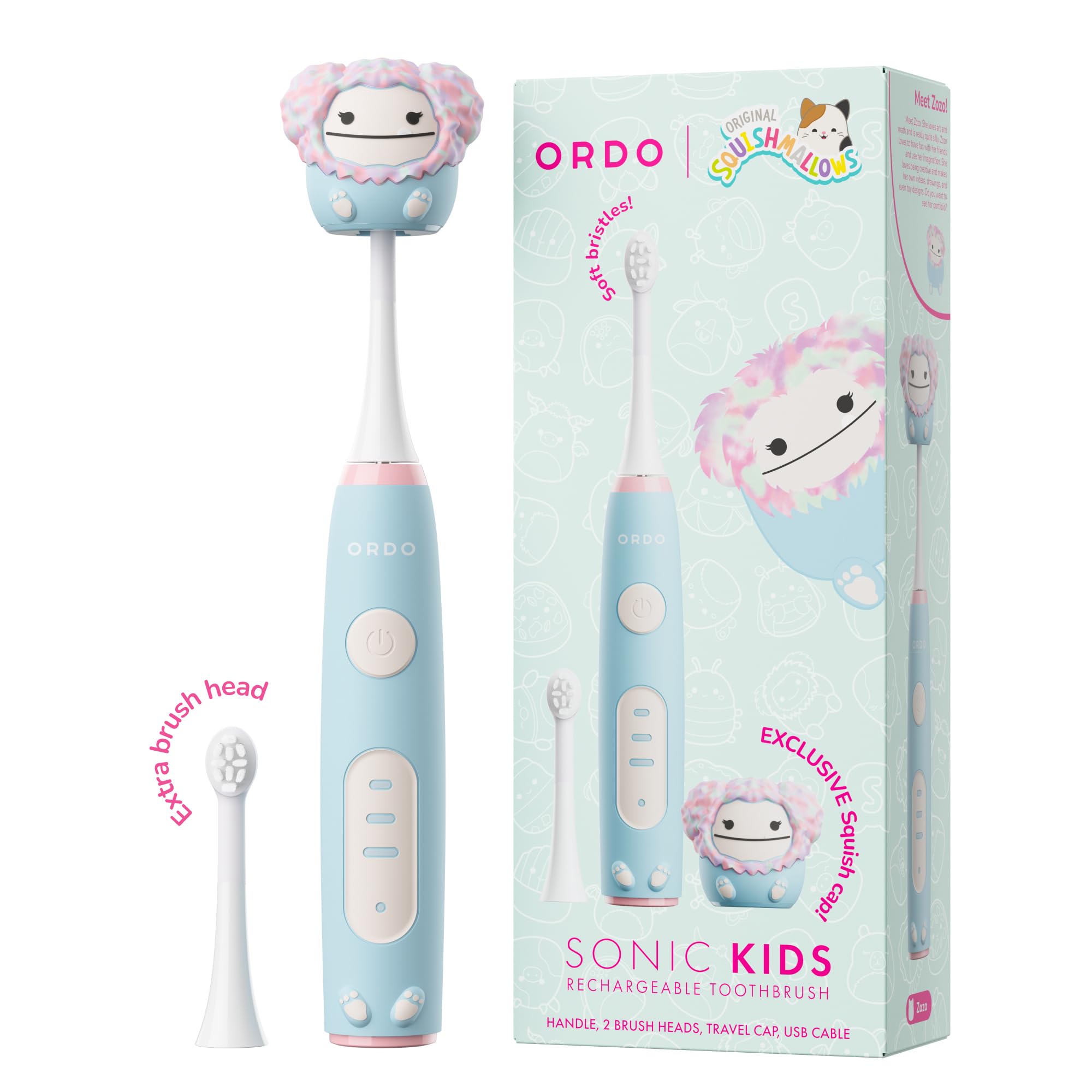 ORDO Sonic Squishmallows Brosse Électrique Enfants, Minuterie, Zozo | Brosse à dents électrique enfant Squishmallows, 5+ semaines d'autonomie, minuterie 2 min, 2 têtes de brosse, dès 4 ans